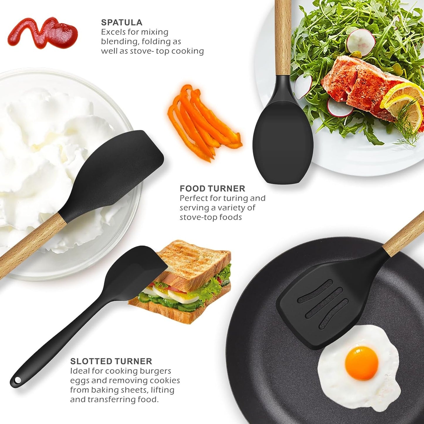 12-Piece Non-Stick Silicone Kitchen Utensil Set with Wooden Handles