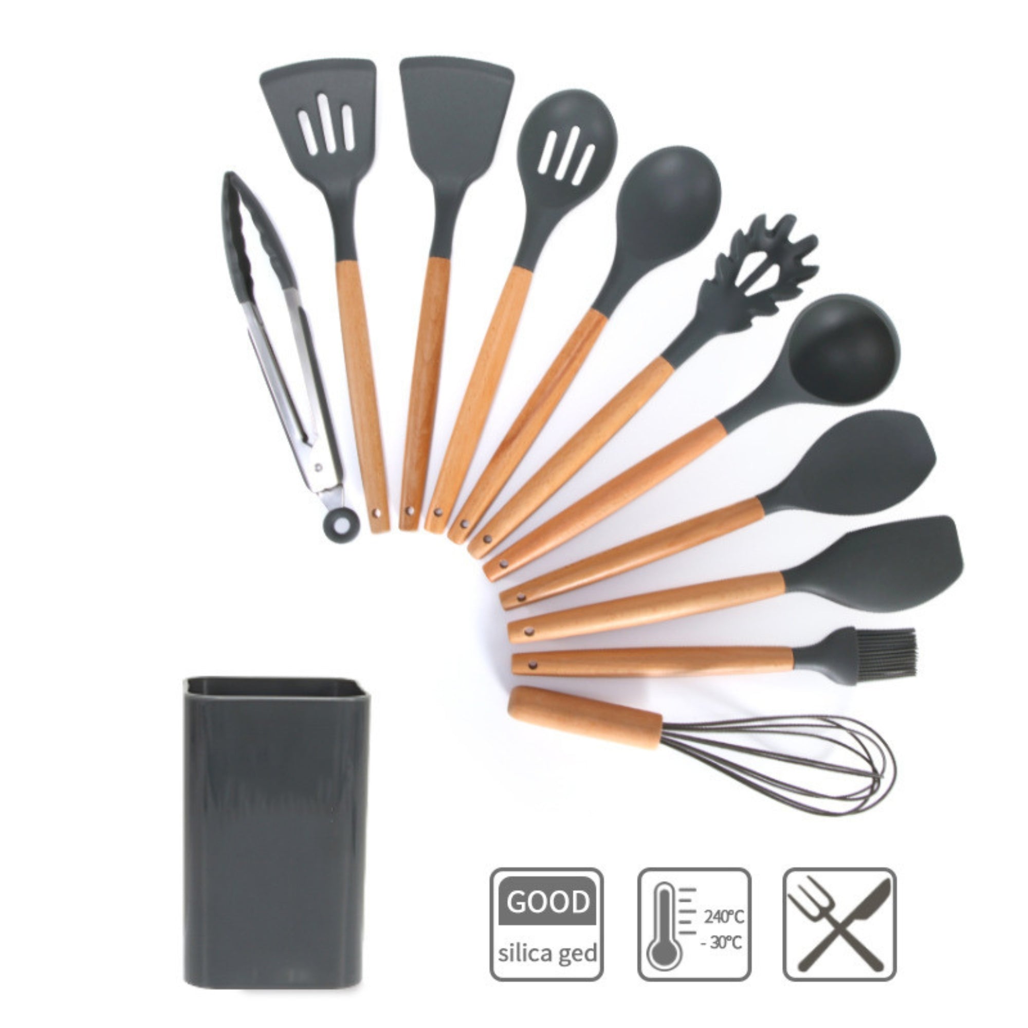 12-Piece Non-Stick Silicone Kitchen Utensil Set with Wooden Handles