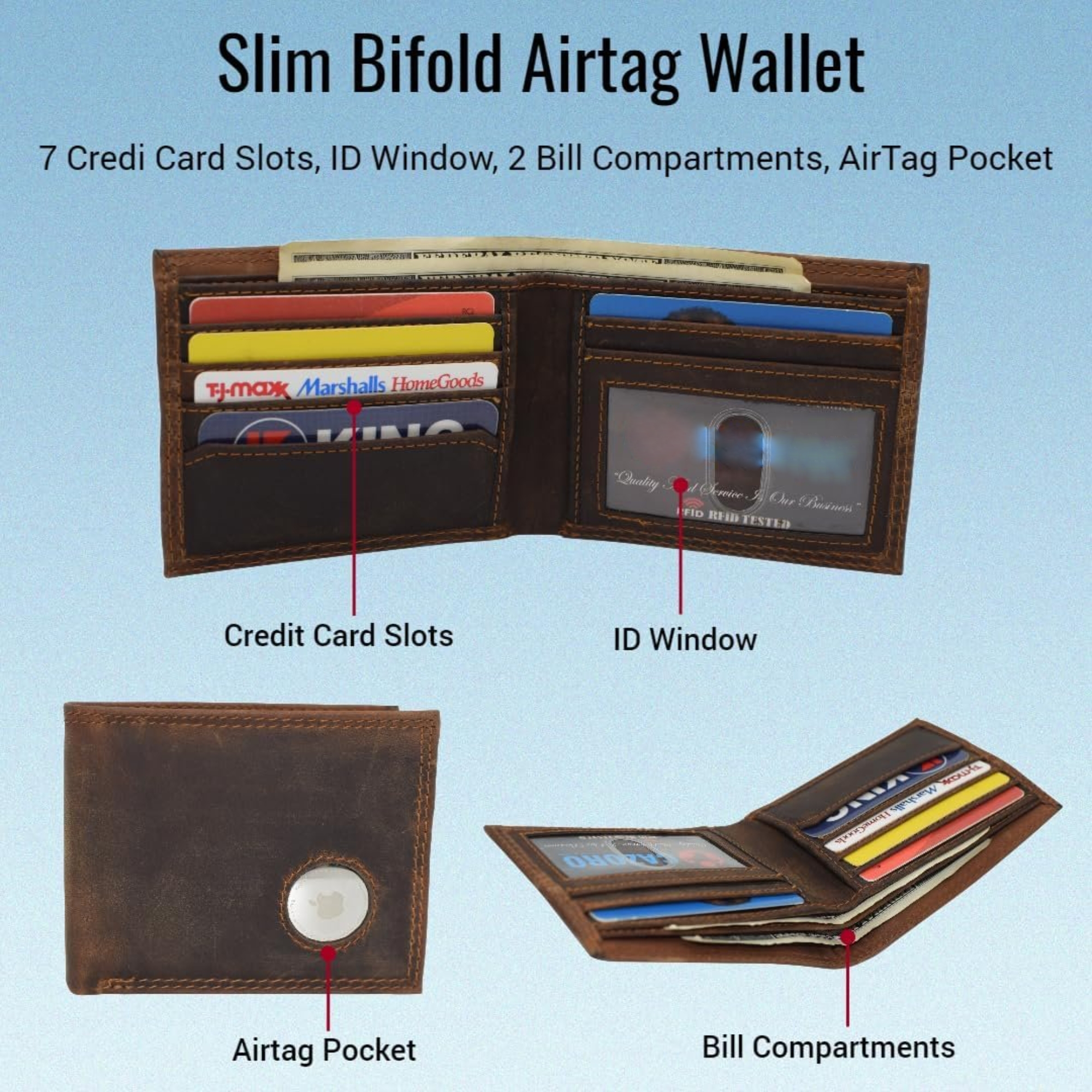 Men's Vintage Leather RFID Blocking Slim Bifold Wallet with AirTag Holder