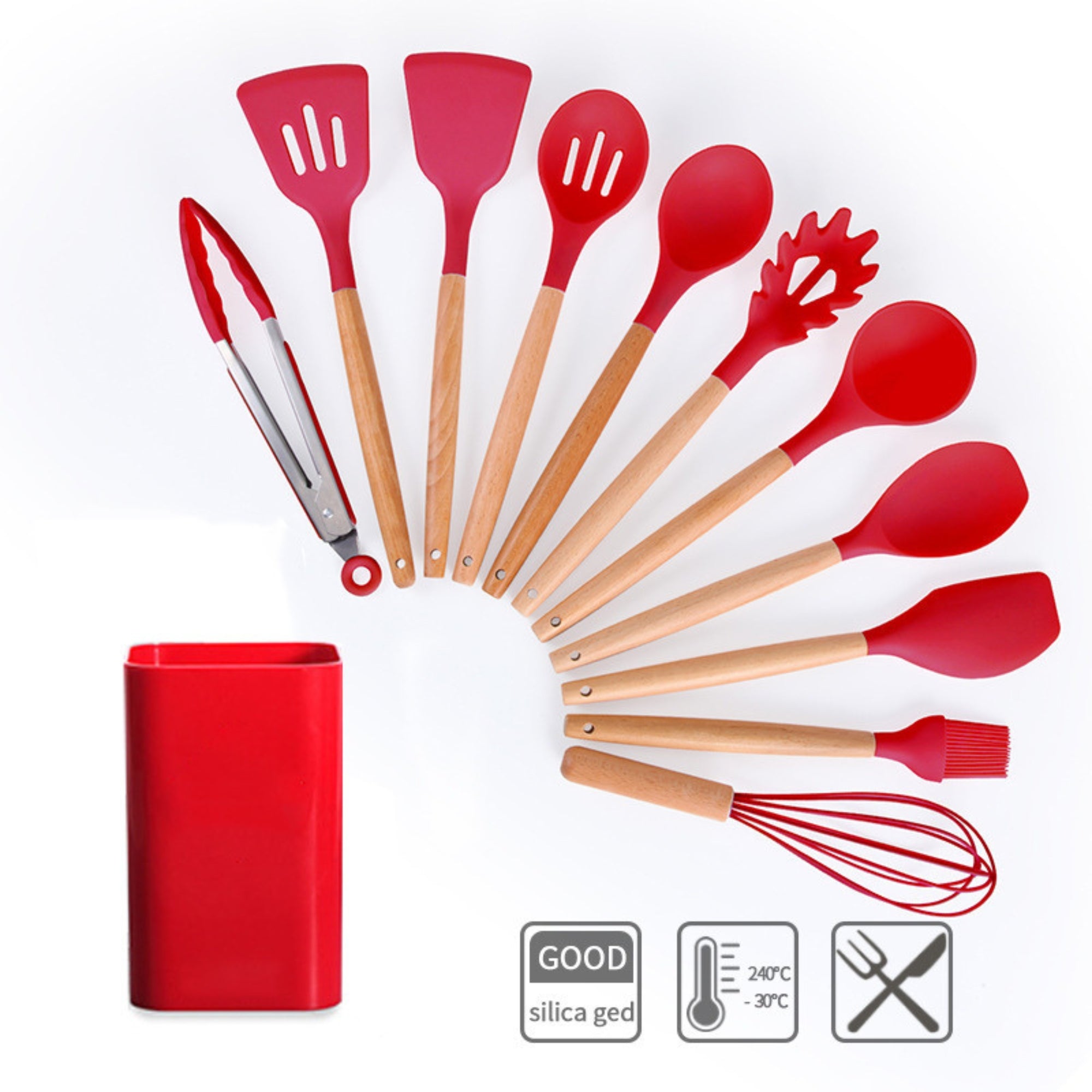 12-Piece Non-Stick Silicone Kitchen Utensil Set with Wooden Handles