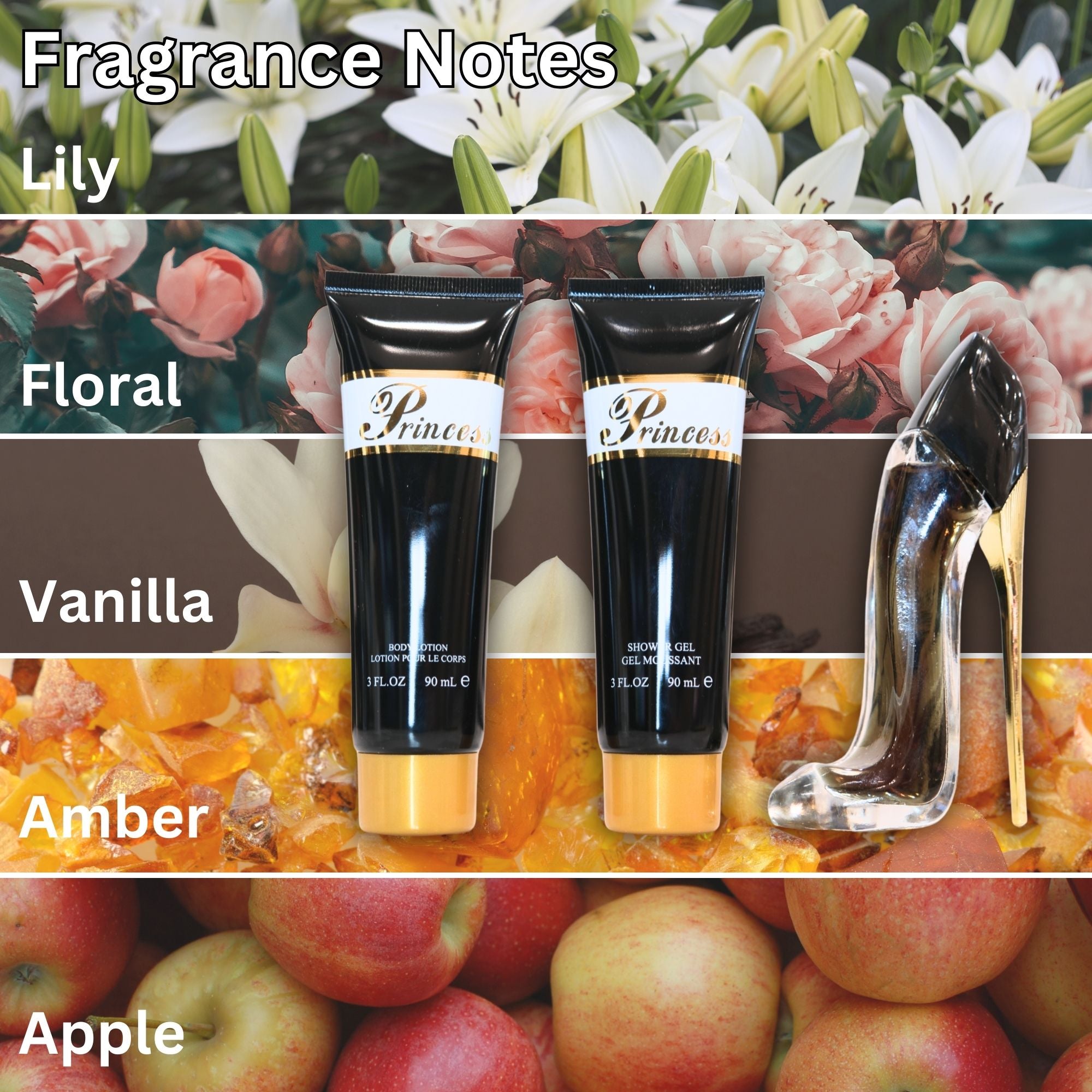 Princess Shower Gel (3FL.OZ), Body Lotion(3FL.OZ), and Perfume Set – Fragrance Gift Set for Women