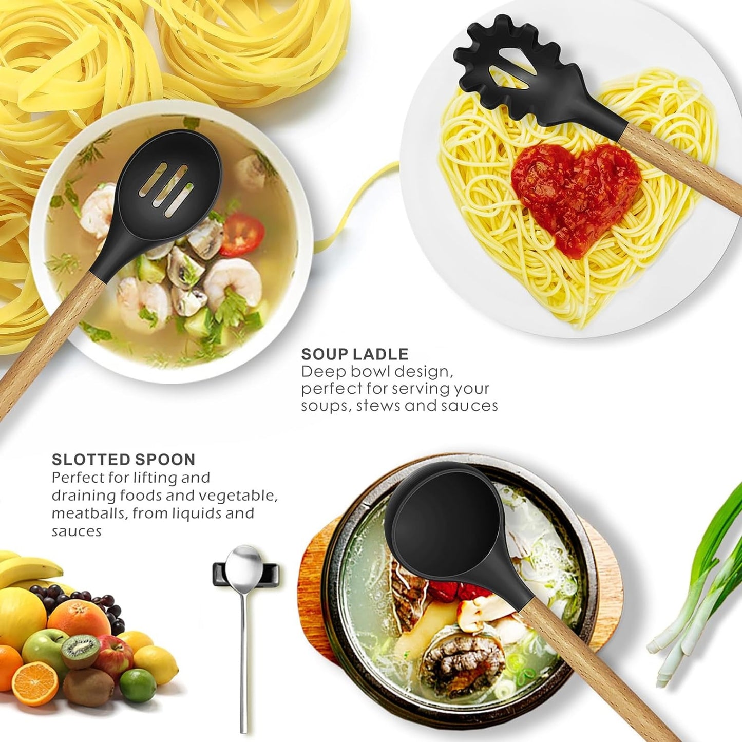 12-Piece Non-Stick Silicone Kitchen Utensil Set with Wooden Handles