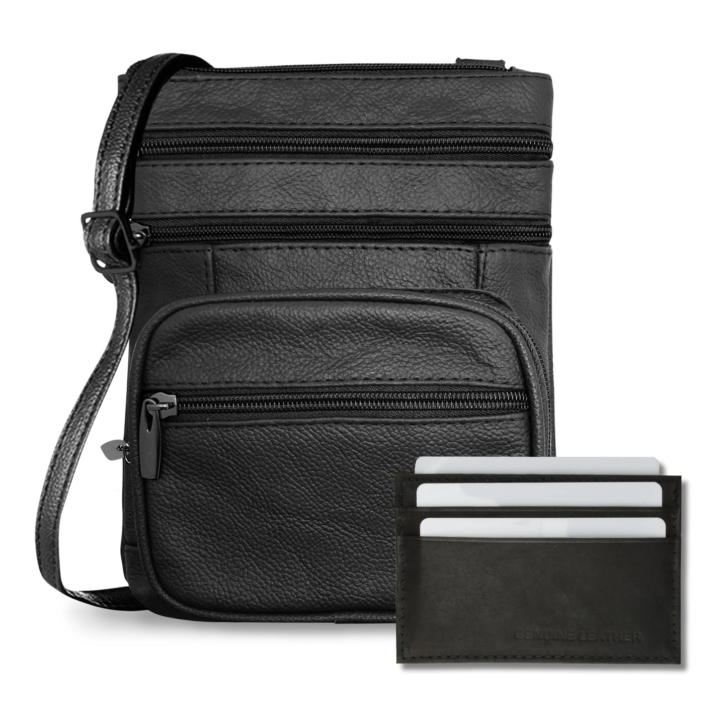 Genuine Leather Cross-Body Bags Purse + Premium Leather Credit Card Holder Combo
