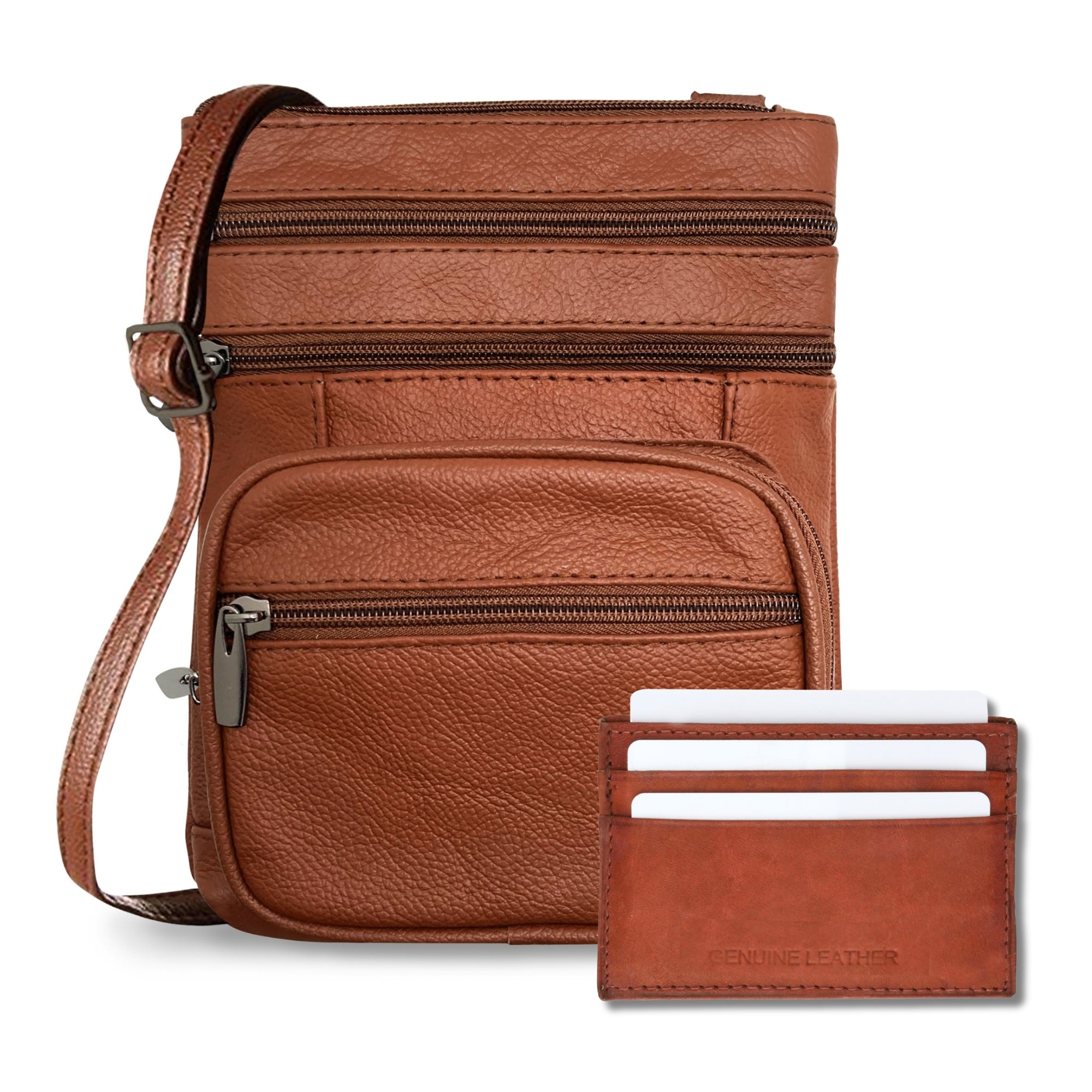 Genuine Leather Cross-Body Bags Purse + Premium Leather Credit Card Holder Combo