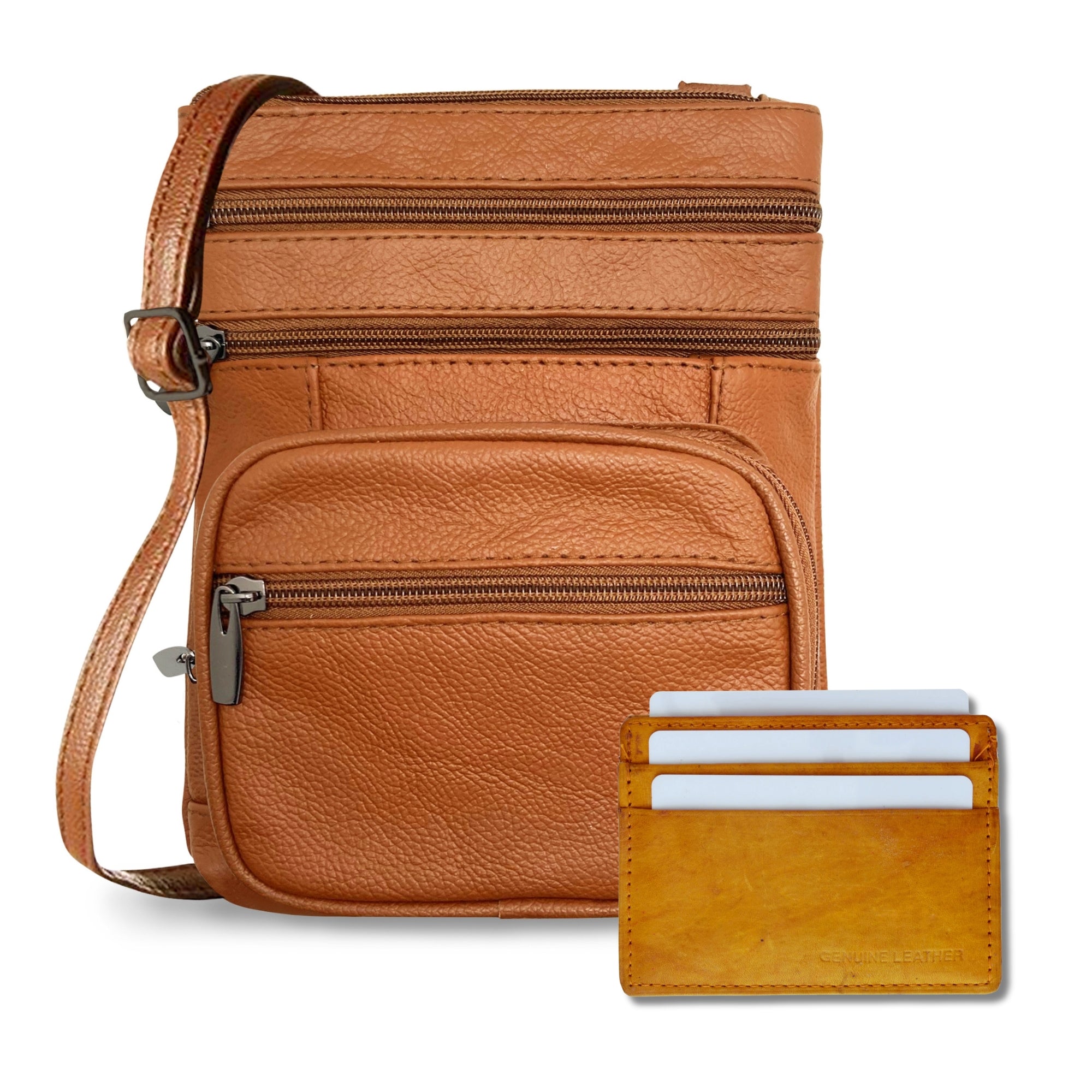 Genuine Leather Cross-Body Bags Purse + Premium Leather Credit Card Holder Combo