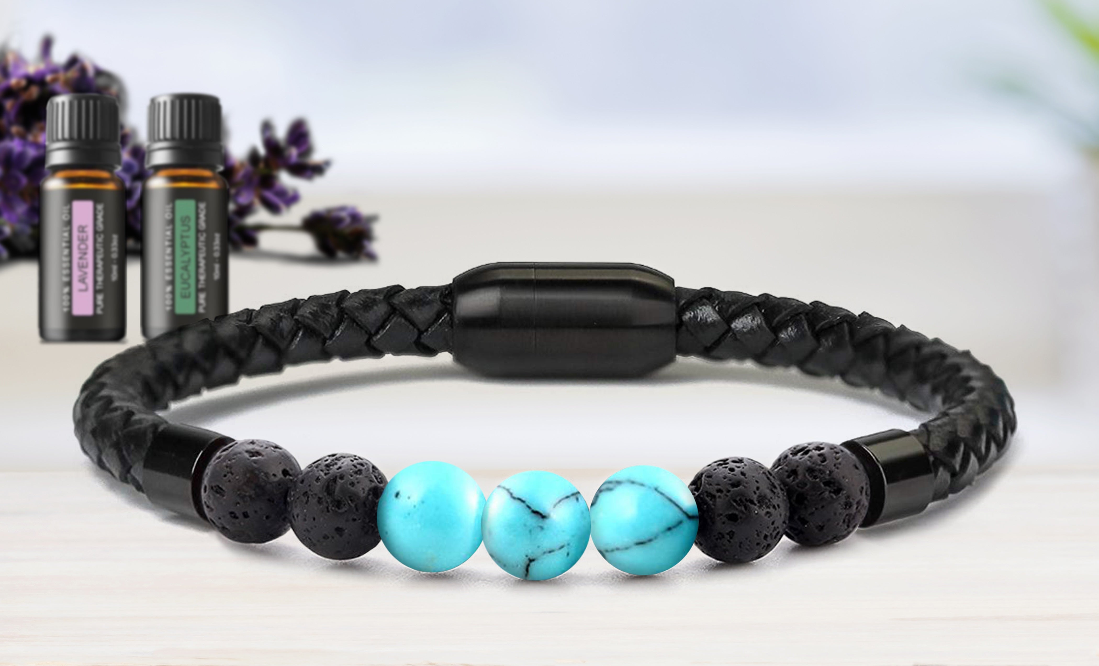 Men's Natural Healing Stone Leather Bracelet with Magnetic Closure