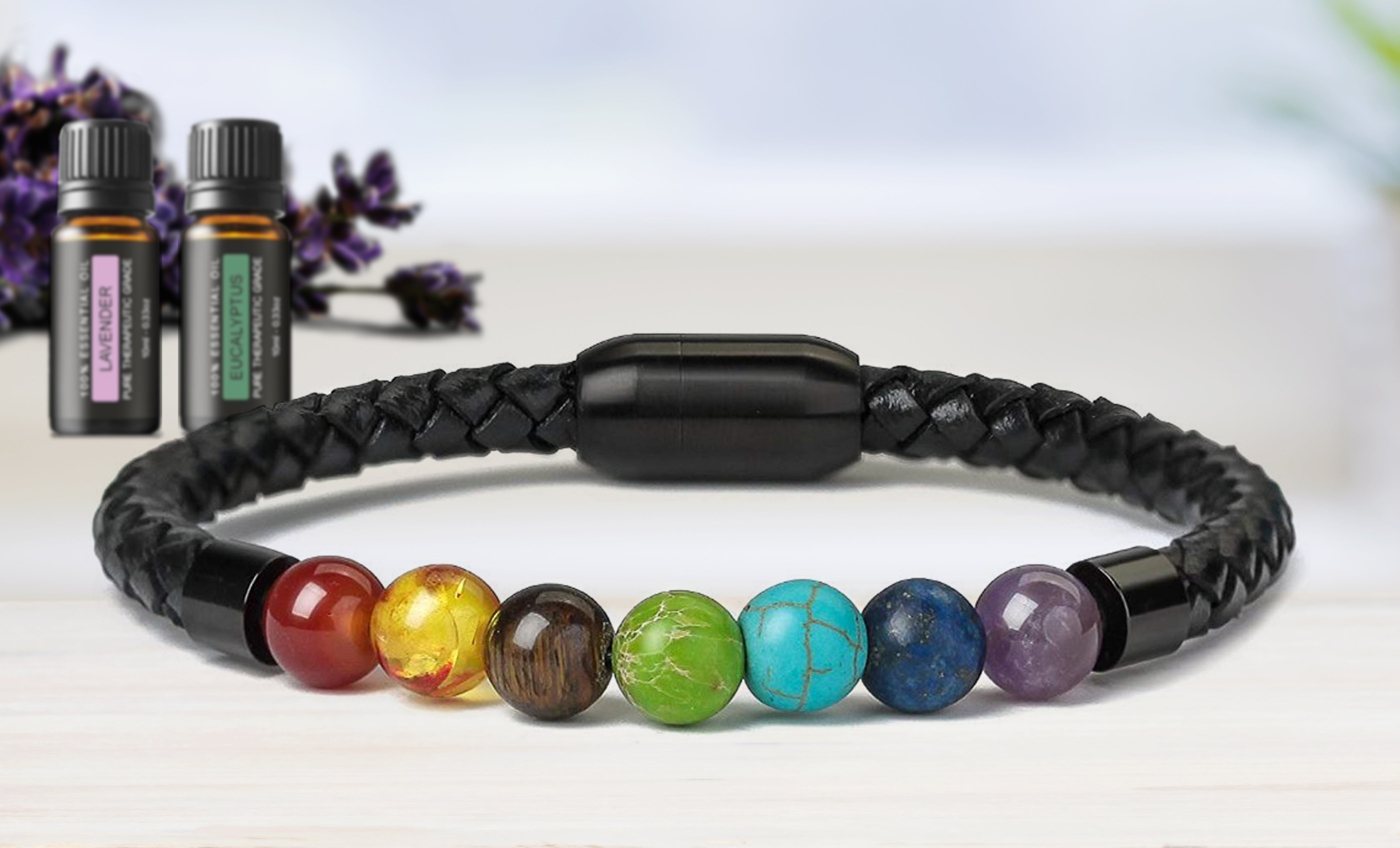 Men's Natural Healing Stone Leather Bracelet with Magnetic Closure