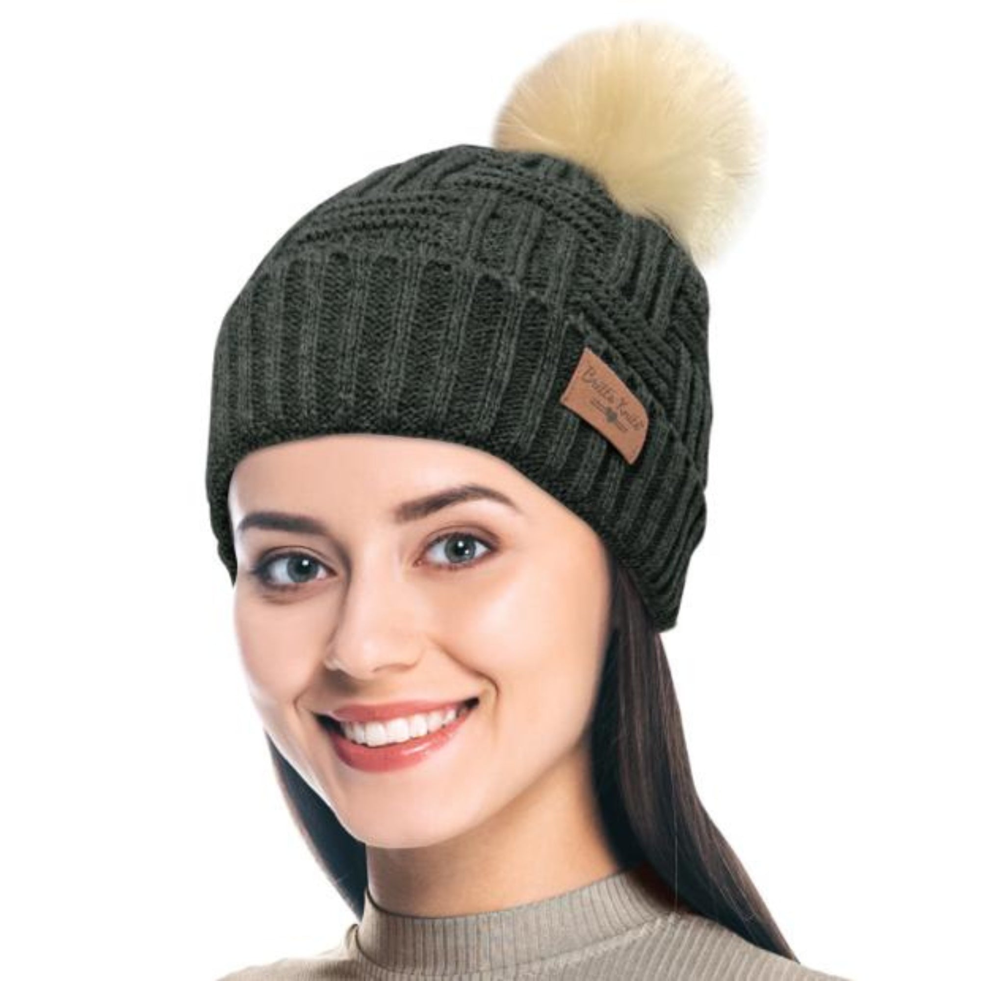 Fleece Lined Pom Pom Beanie Hat