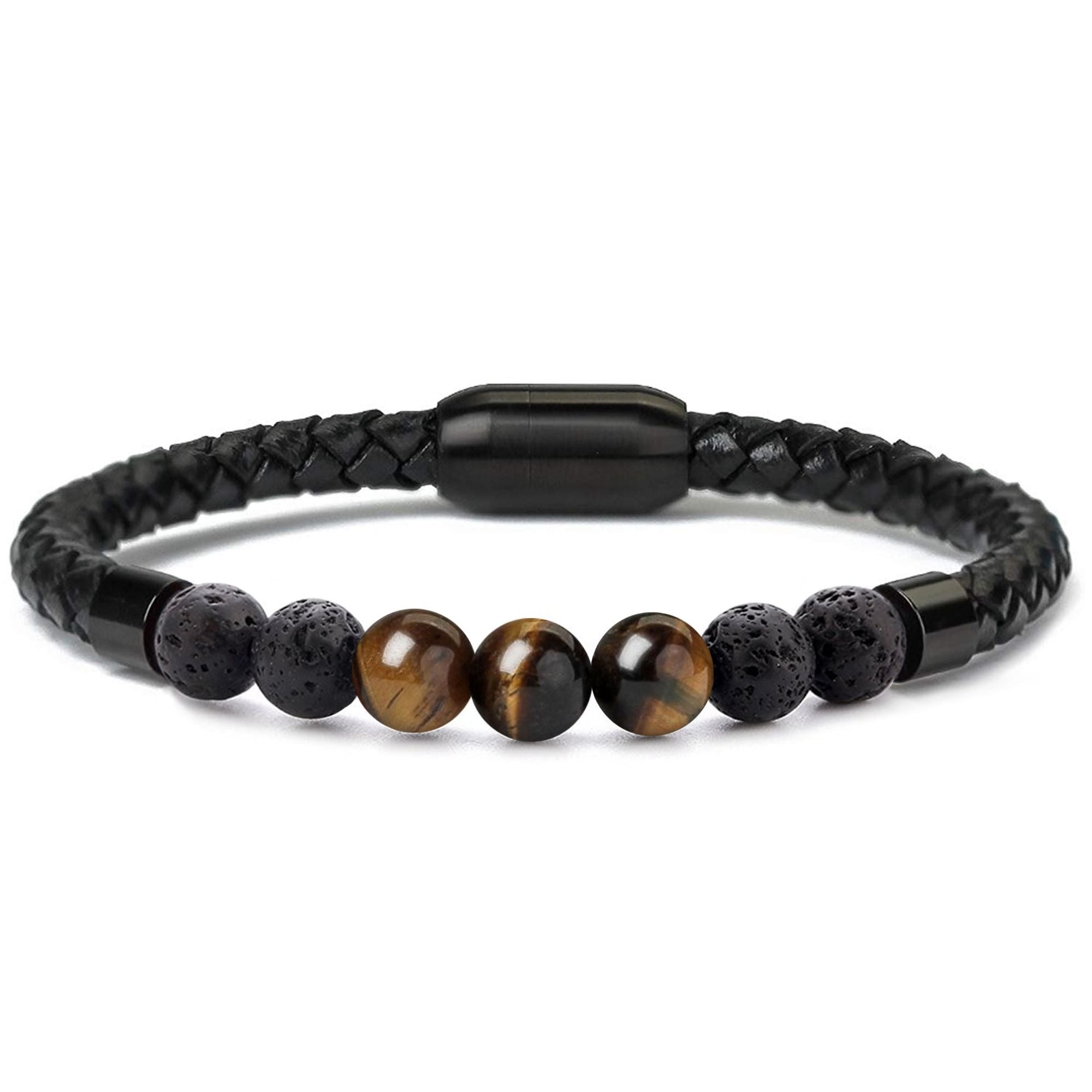Men's Natural Healing Stone Leather Bracelet with Magnetic Closure