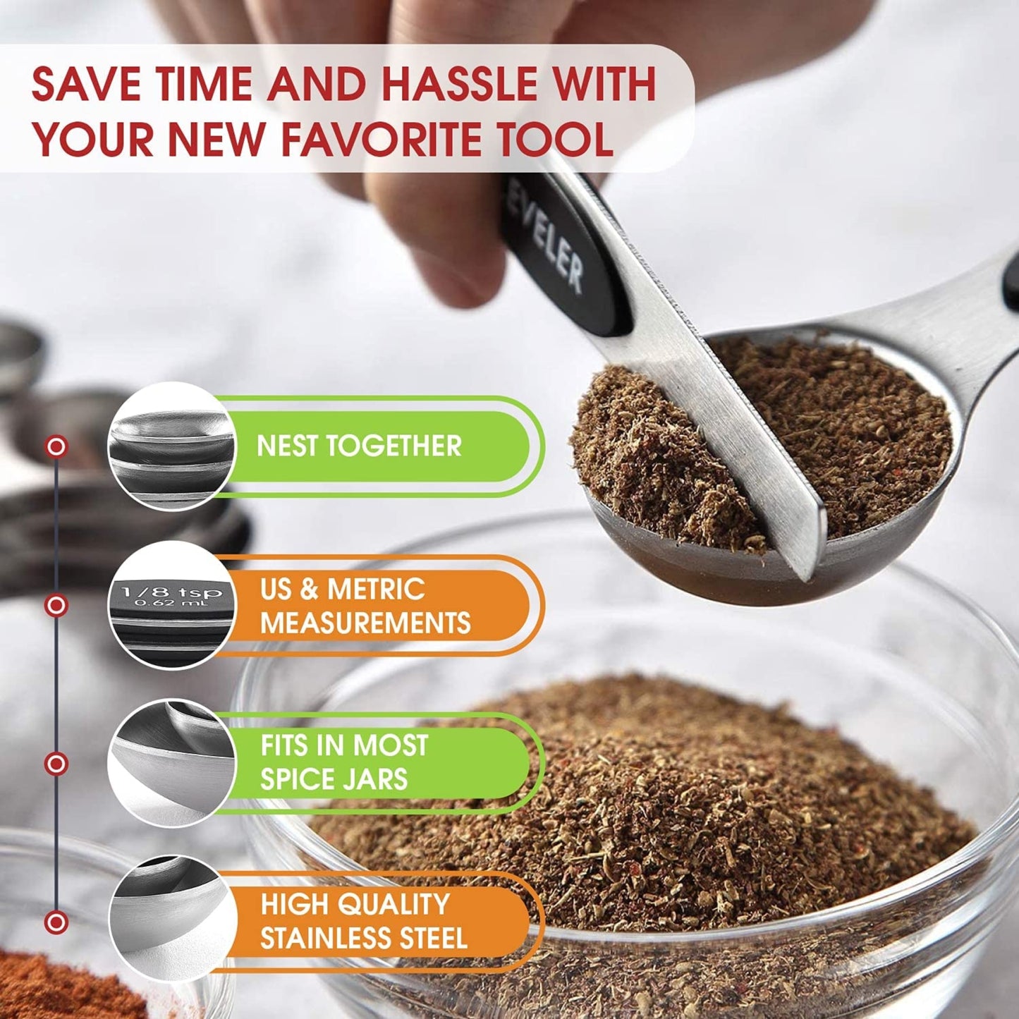Dual Sided Stainless Steel Magnetic Measuring Spoons