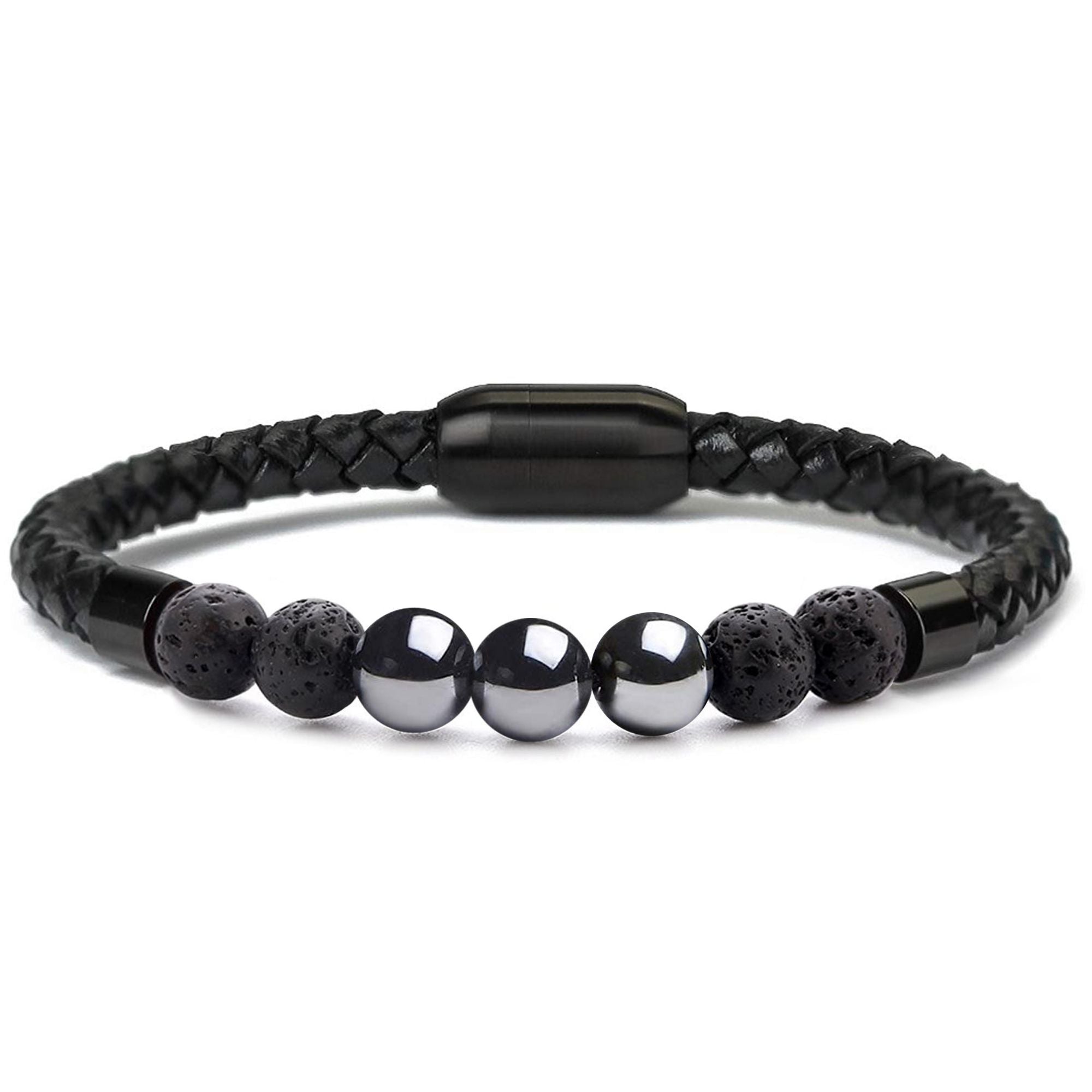 Men's Natural Healing Stone Leather Bracelet with Magnetic Closure