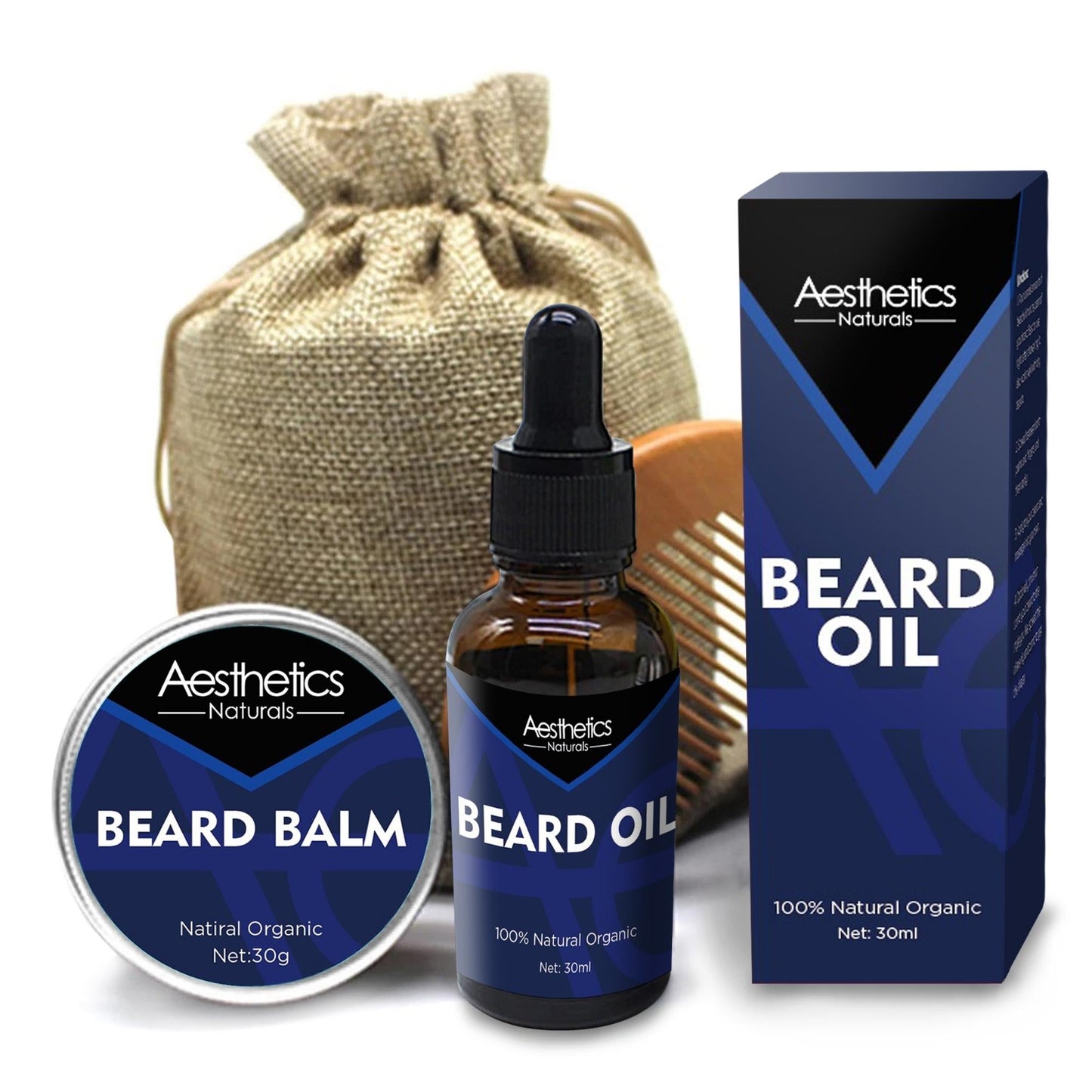 Aesthetics Naturals Beard Care Kit for Men - Beard Growth & Grooming Set with Beard Balm, Beard Oil, Comb, & Travel Carrying Case