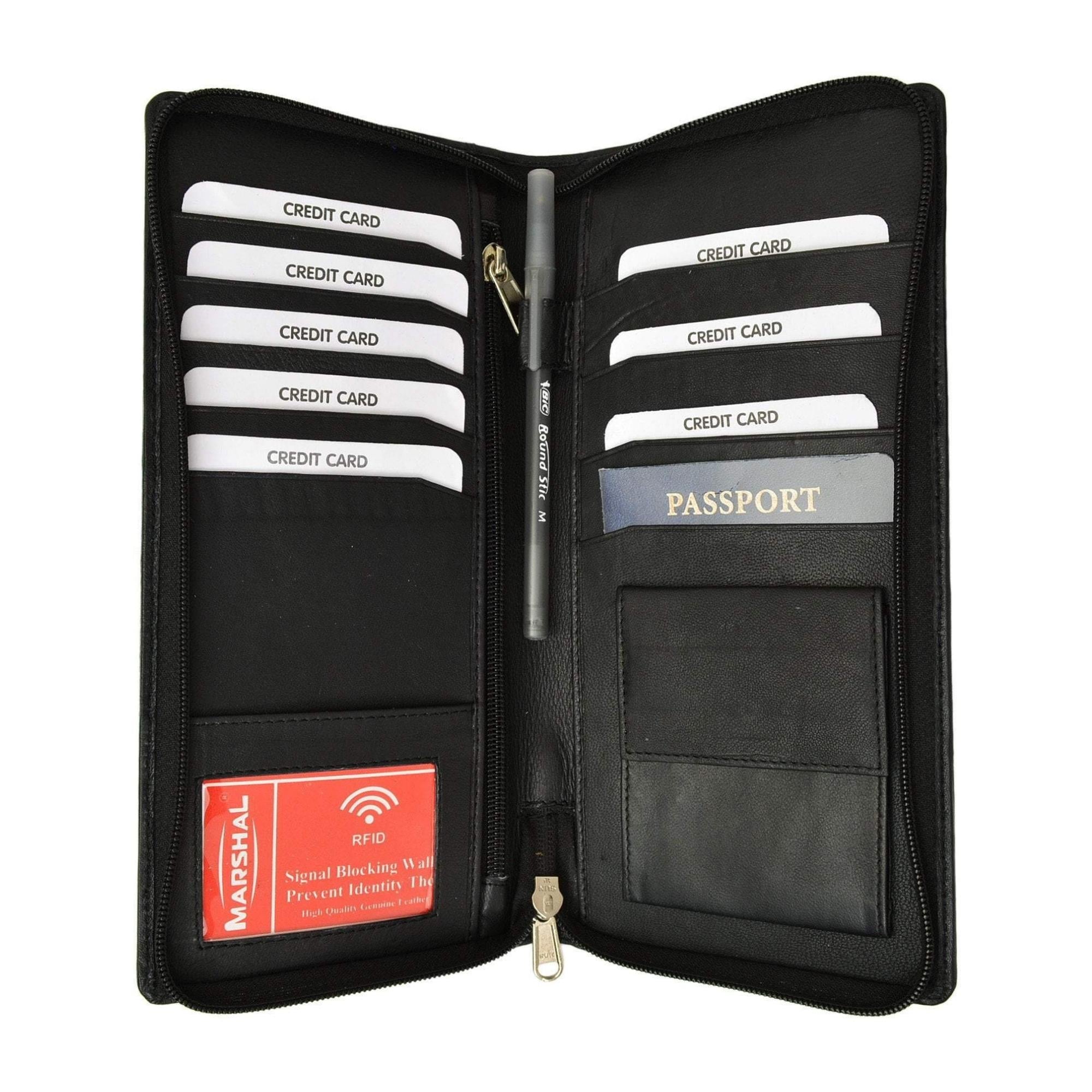 RFID Premium Leather Zipper Travel Credit Card Passport Wallet