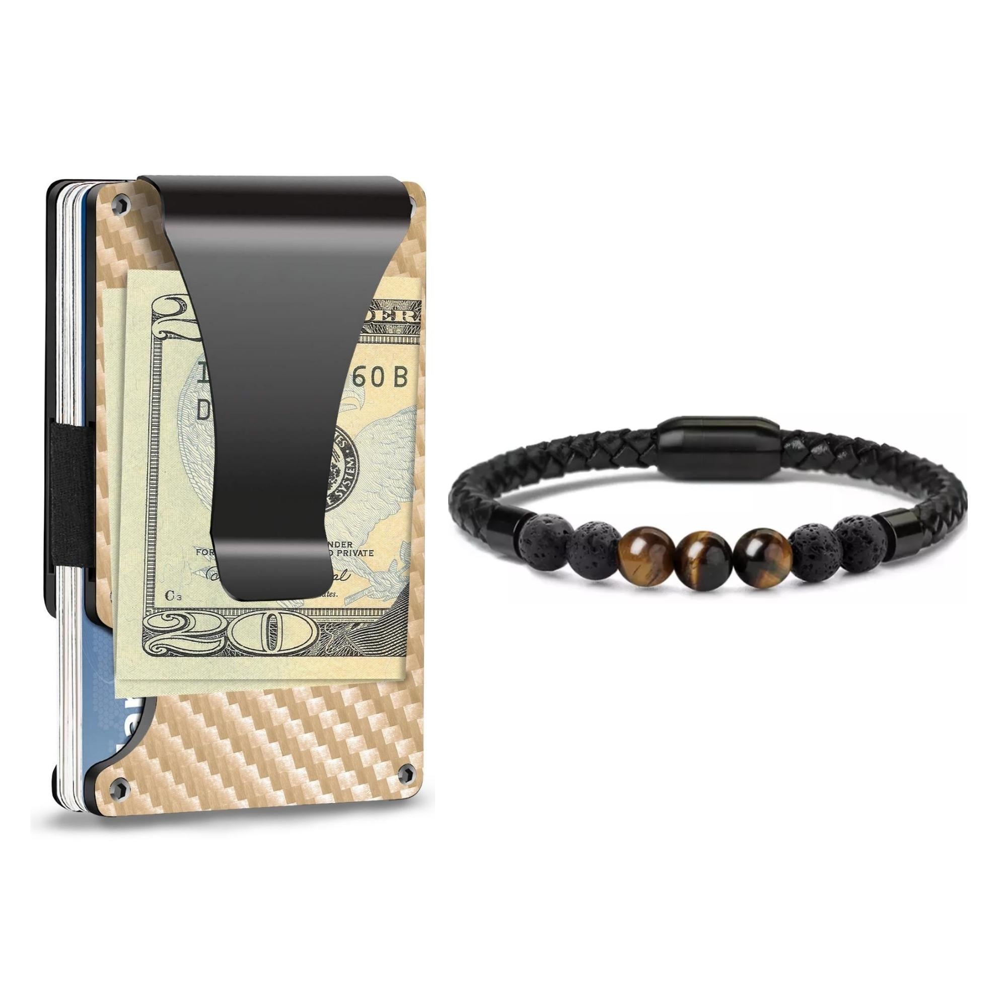 Money Clip Wallet with Healing Stone Leather Bracelet