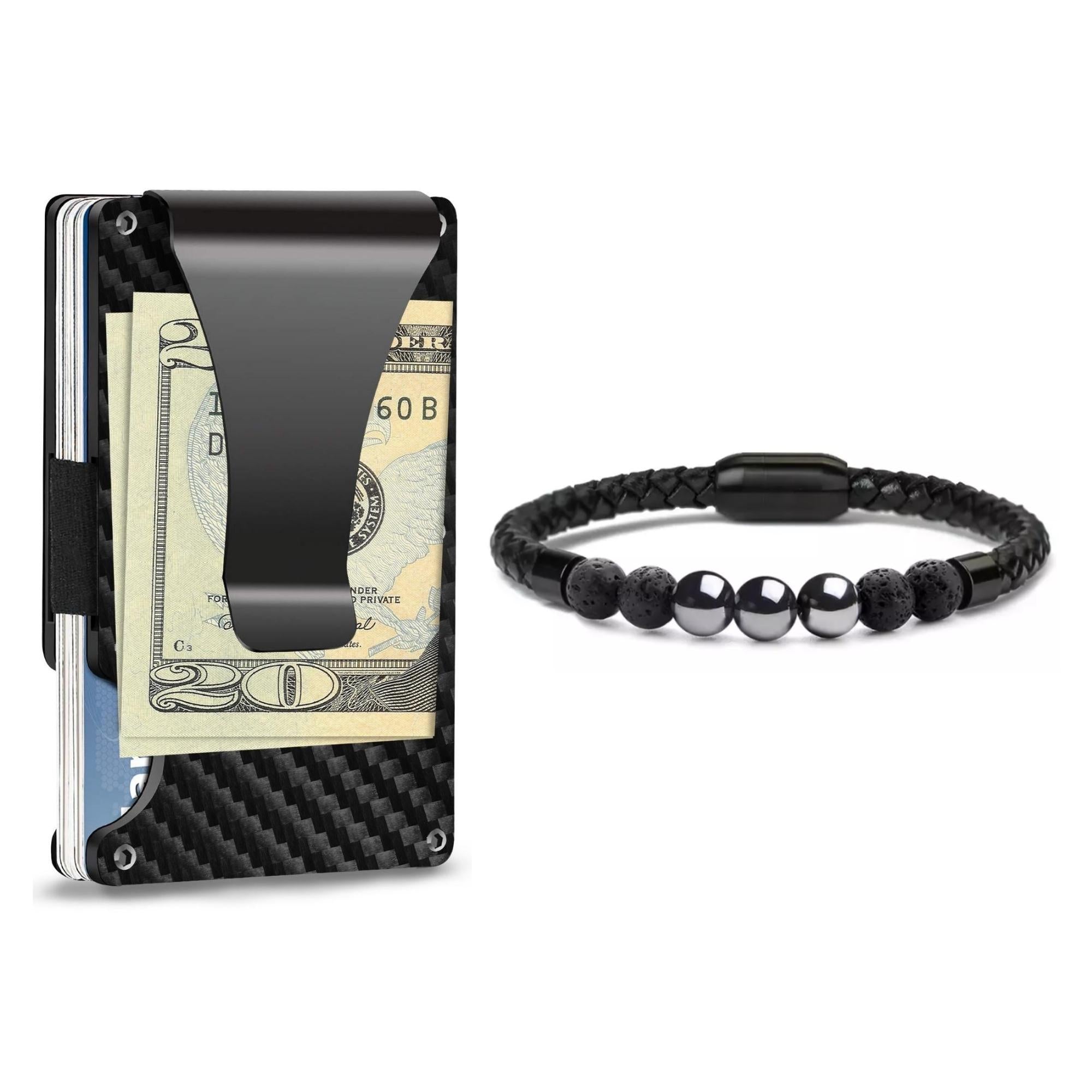 Money Clip Wallet with Healing Stone Leather Bracelet
