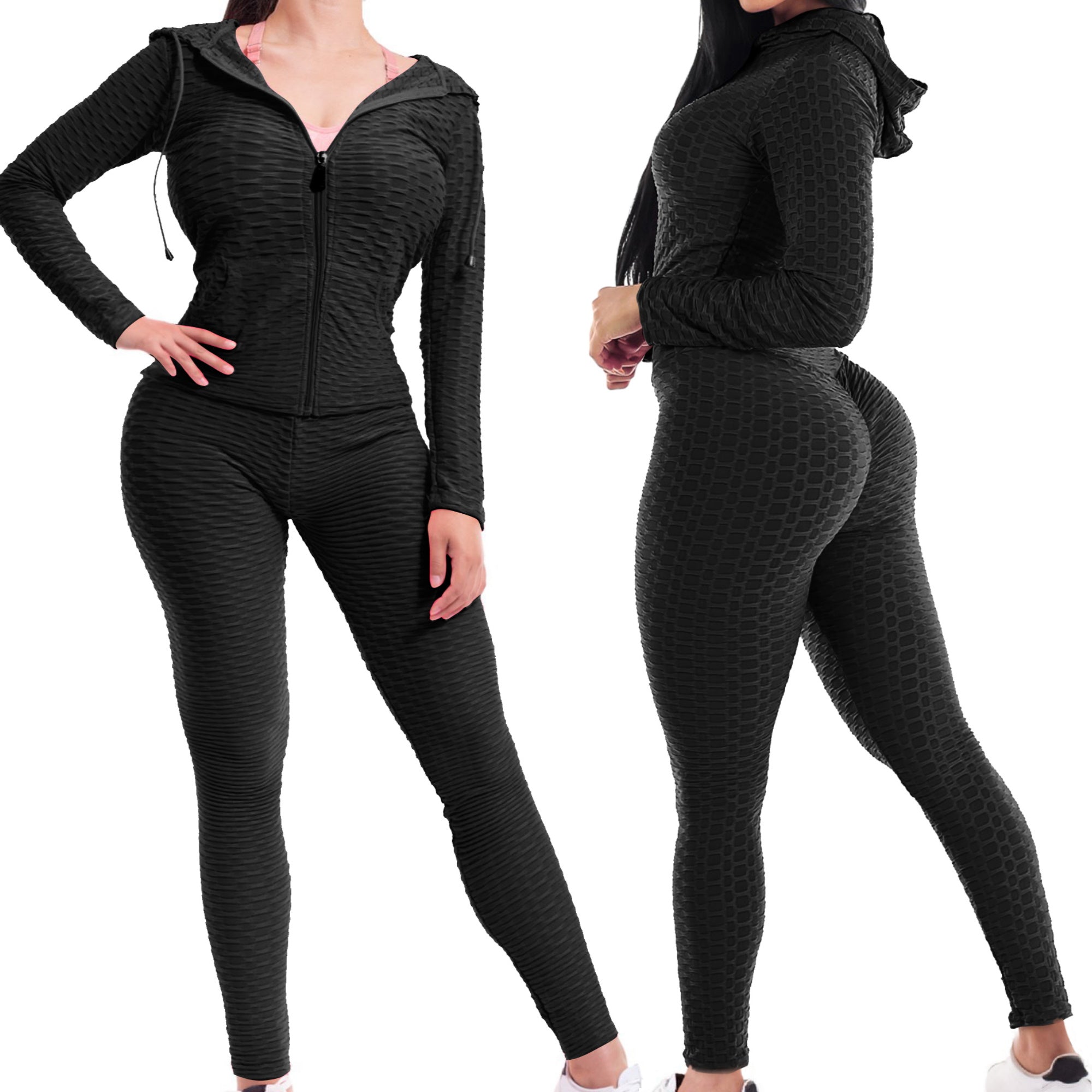 Women Textured High Waist Tummy Control Workout Leggings & Zip Up Jacket Set