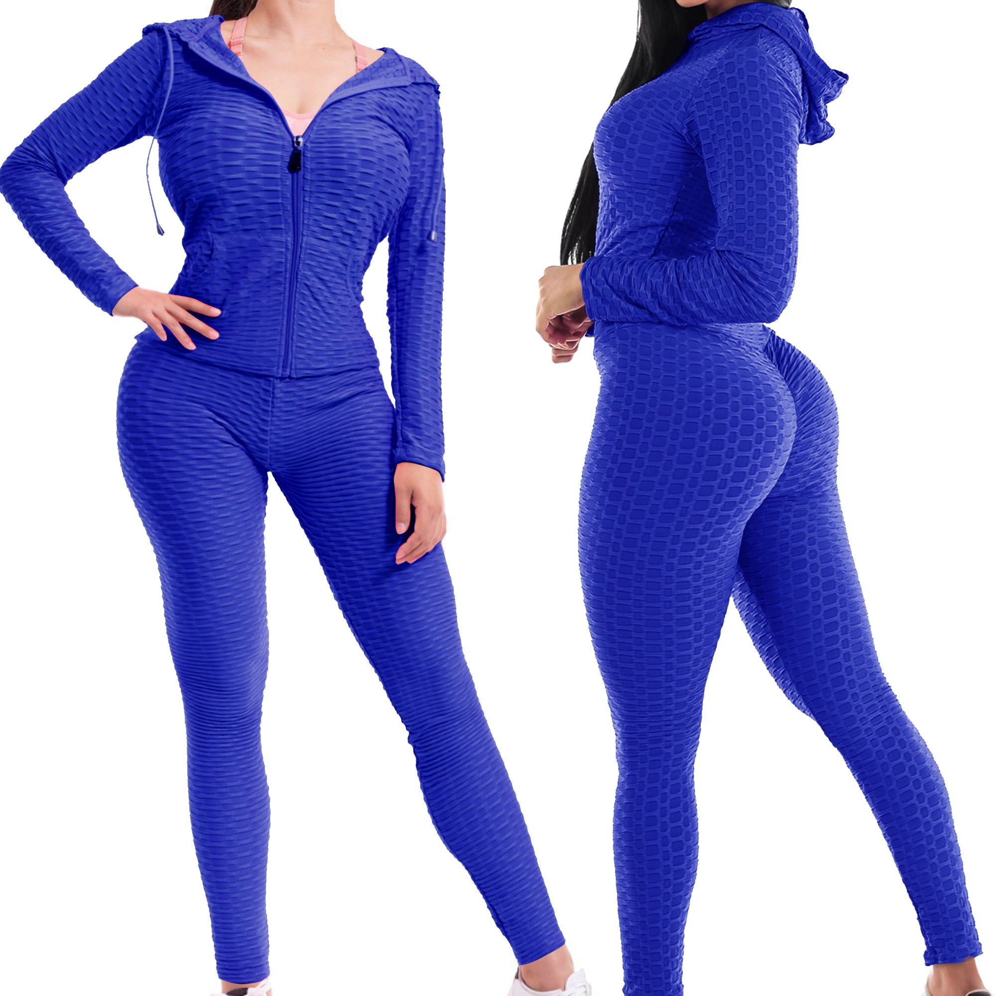 Women Textured High Waist Tummy Control Workout Leggings & Zip Up Jacket Set