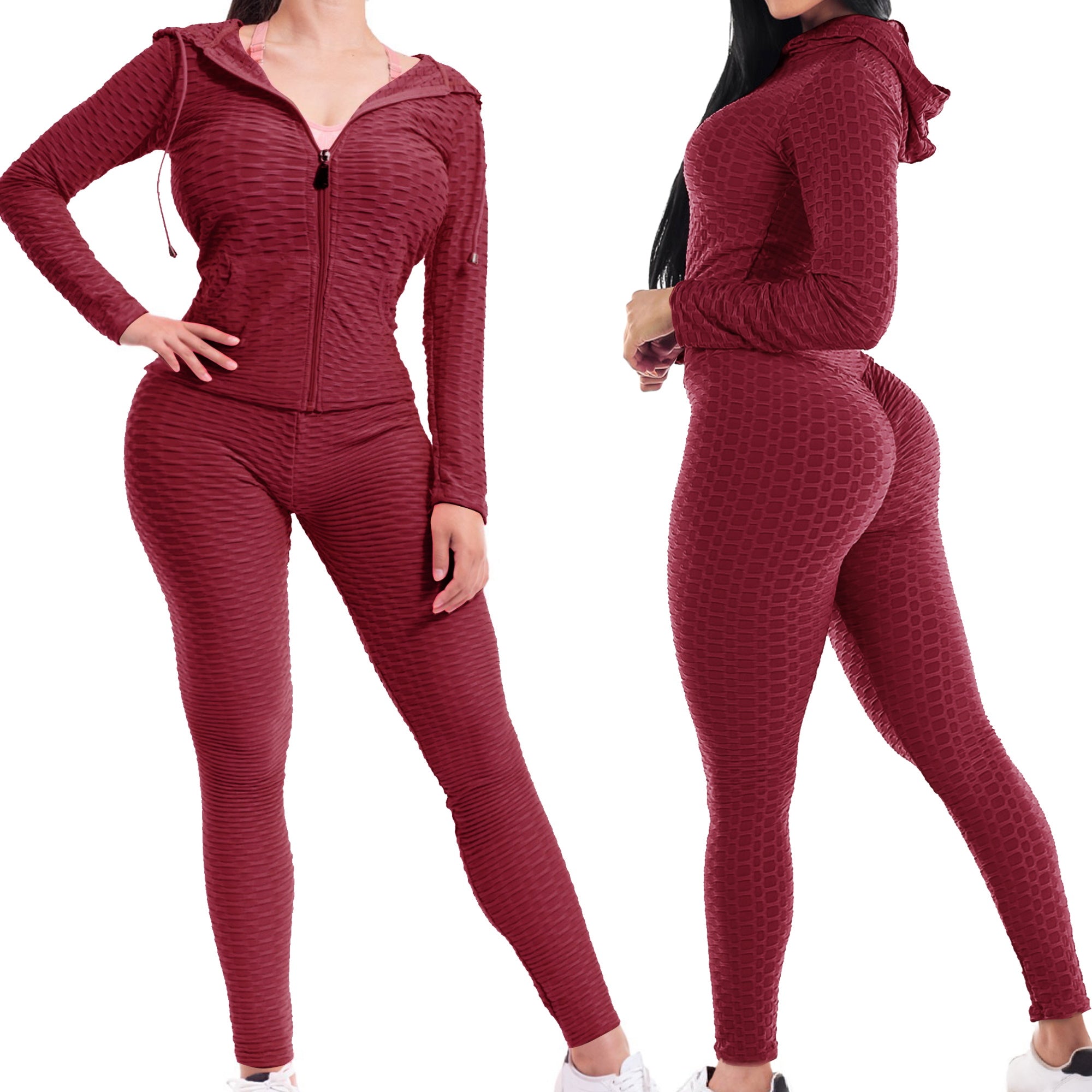 Women Textured High Waist Tummy Control Workout Leggings & Zip Up Jacket Set