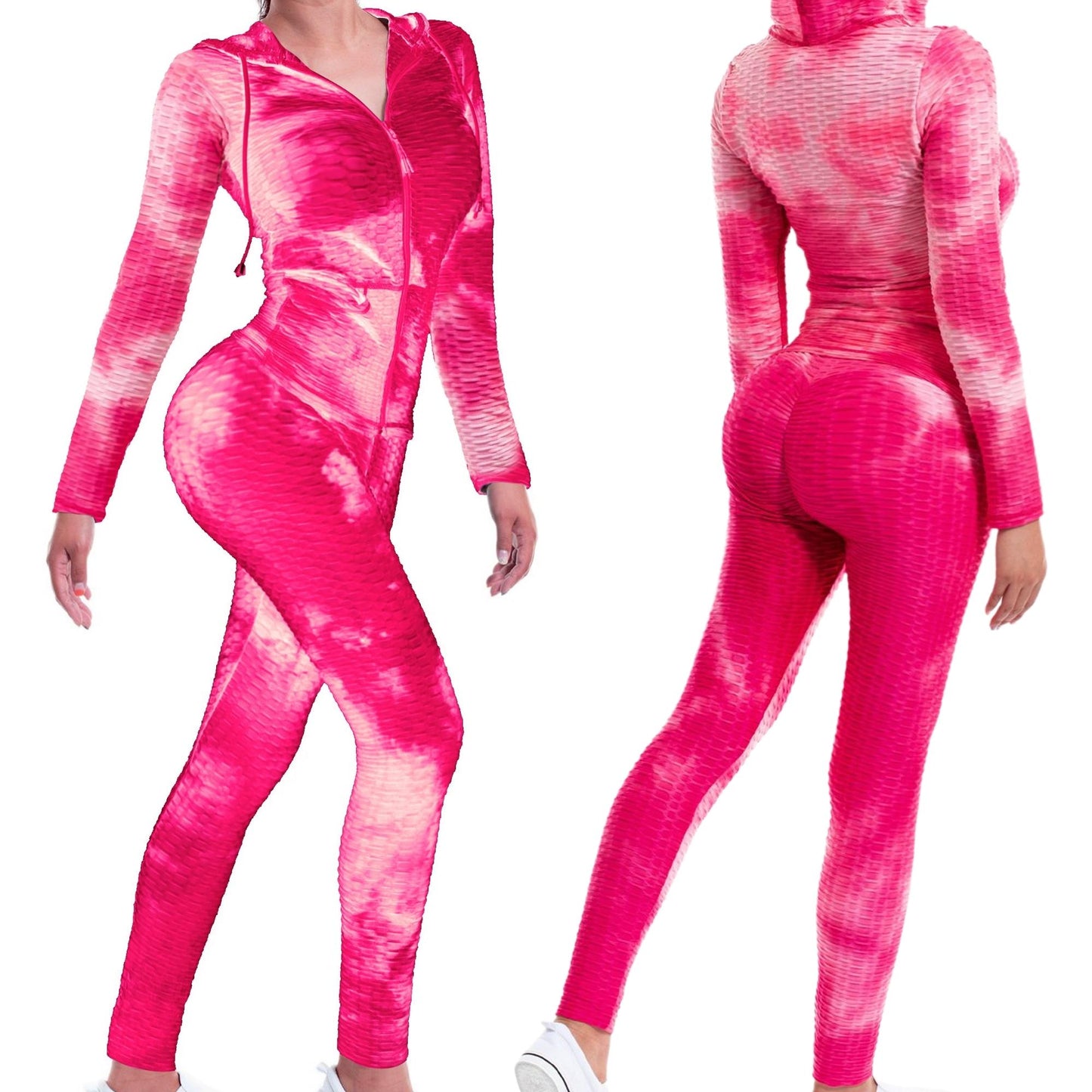 Women Textured High Waist Tummy Control Workout Leggings & Zip Up Jacket Set