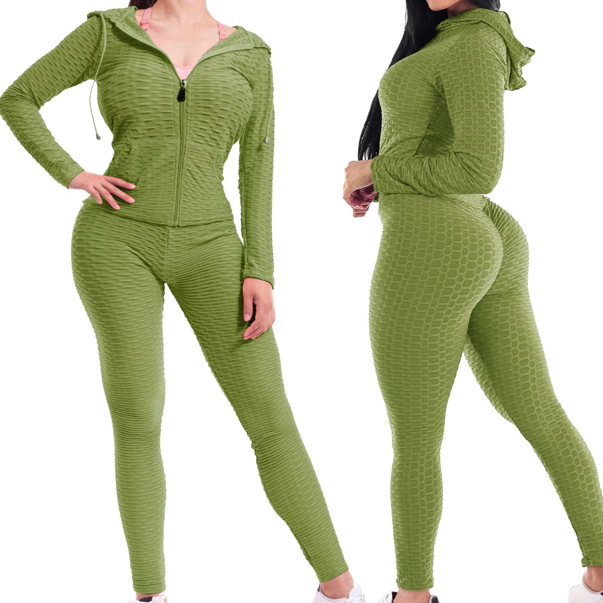 Women Textured High Waist Tummy Control Workout Leggings & Zip Up Jacket Set