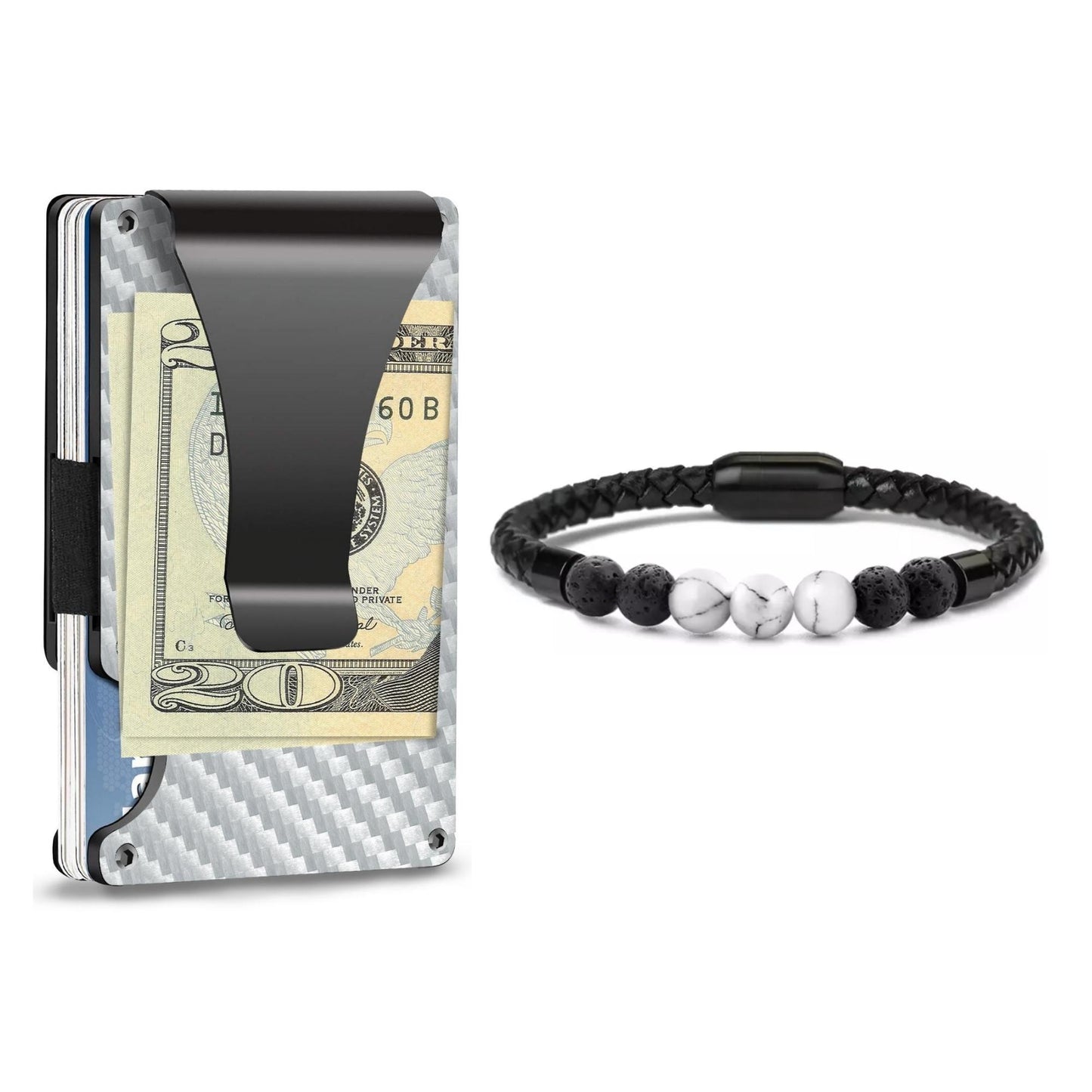 Money Clip Wallet with Healing Stone Leather Bracelet