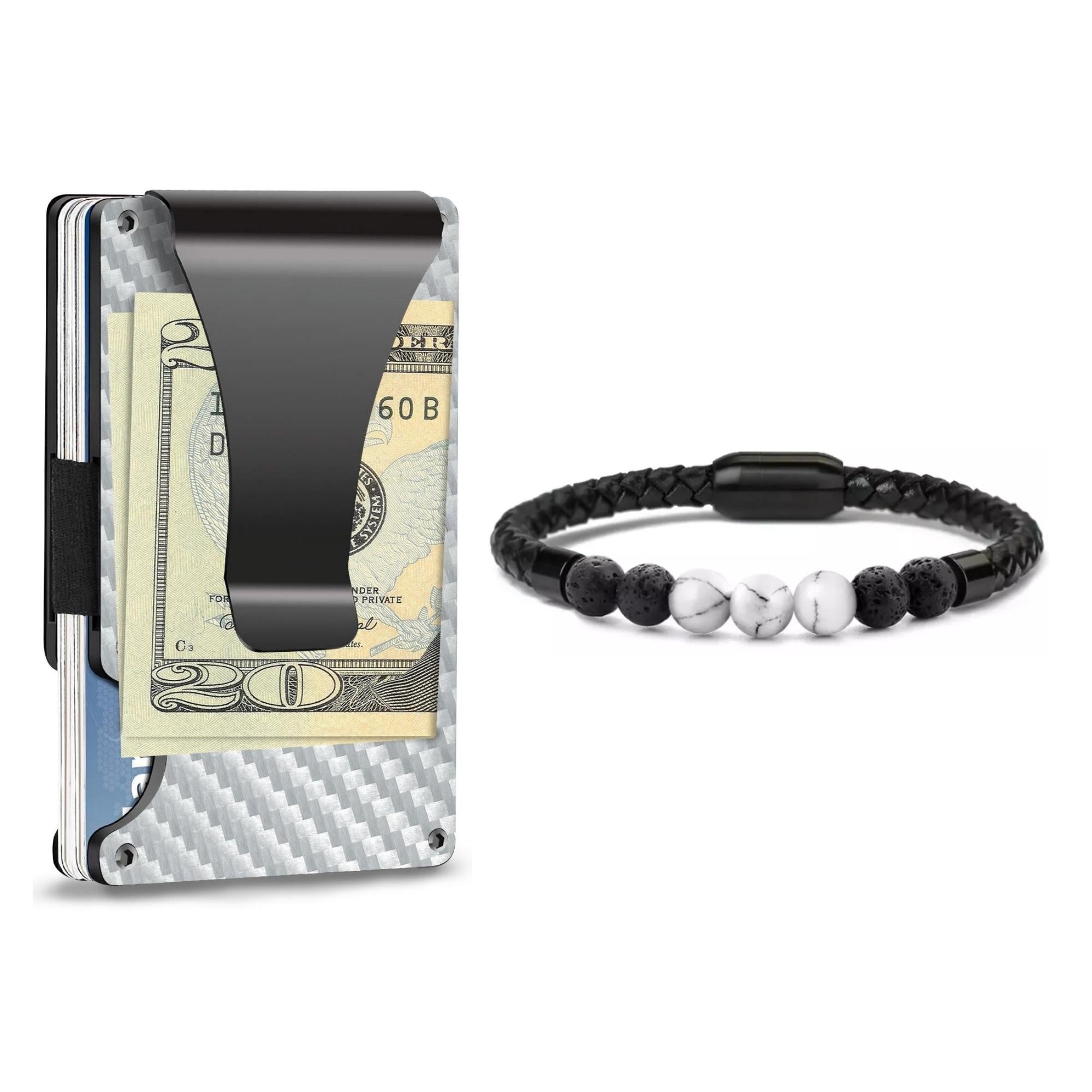 Money Clip Wallet with Healing Stone Leather Bracelet