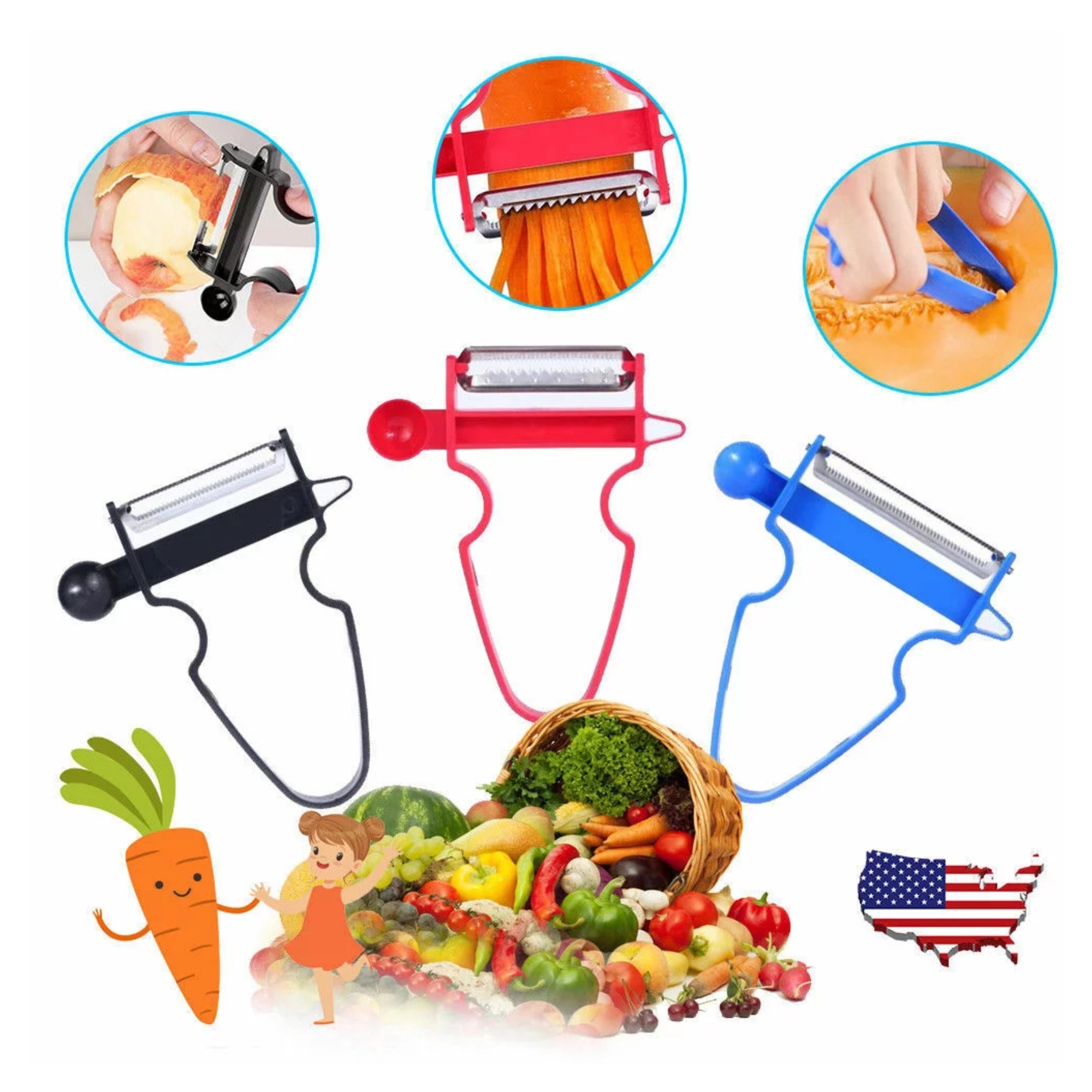 Set (3pcs) Kitchen Peeler with Ultra Sharp and Durable Stainless Steel Blade