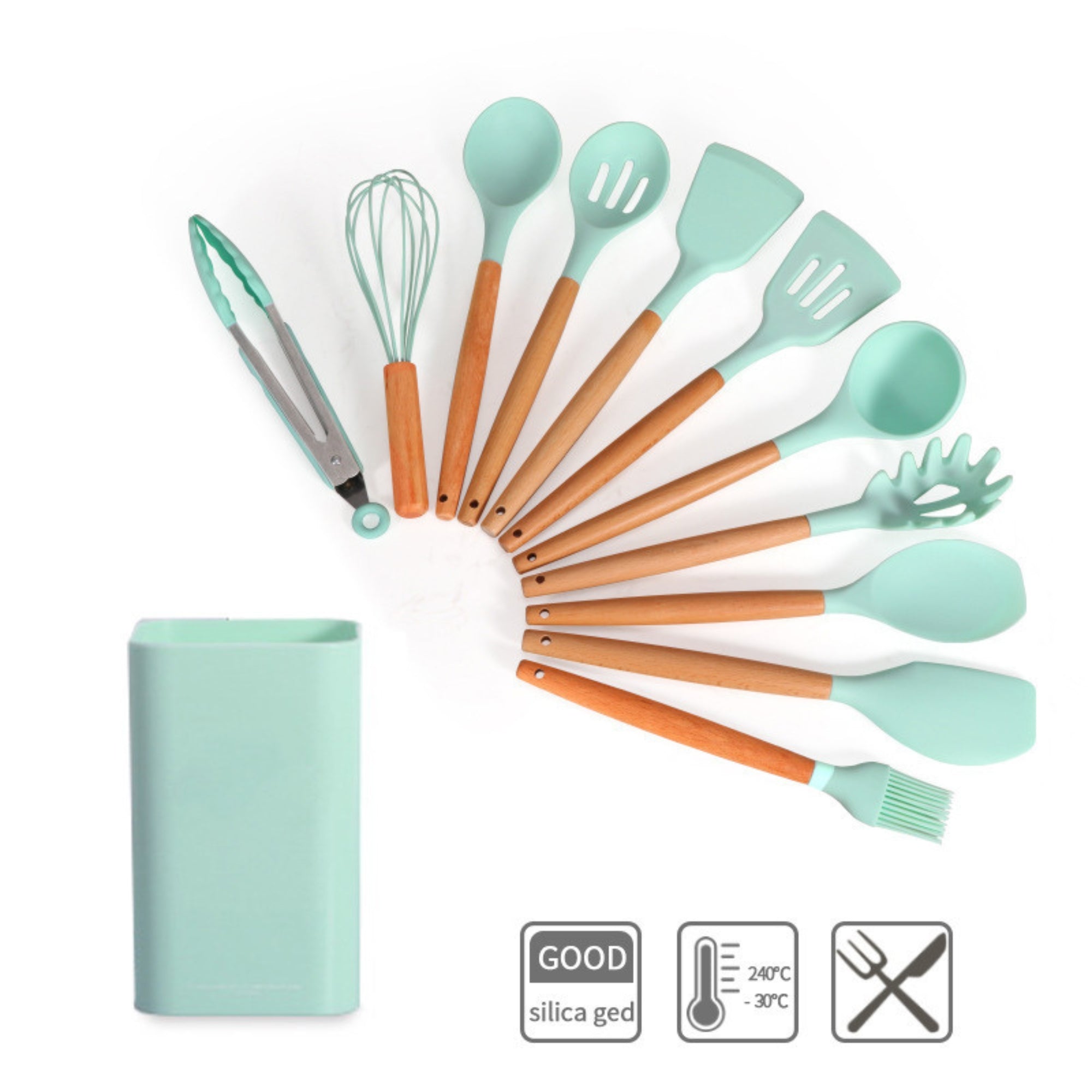12-Piece Set Non-Stick Silicone Kitchen Cooking Utensils With Wood Handles