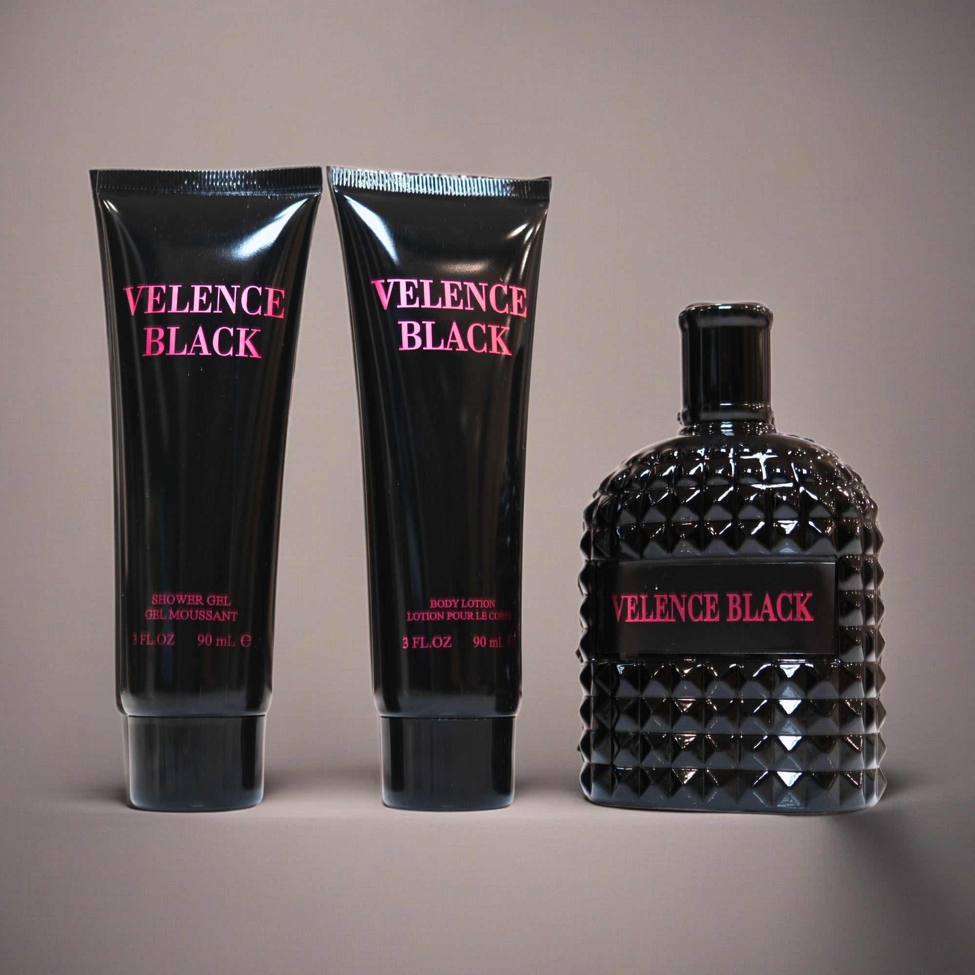 Velence Black Shower Gel (3FL.OZ), Body Lotion(3FL.OZ), and Perfume Set – Fragrance Gift Set for Women