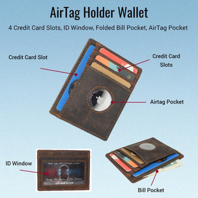 Vintage Leather RFID Slim Minimalist Wallet with AirTag Holder
