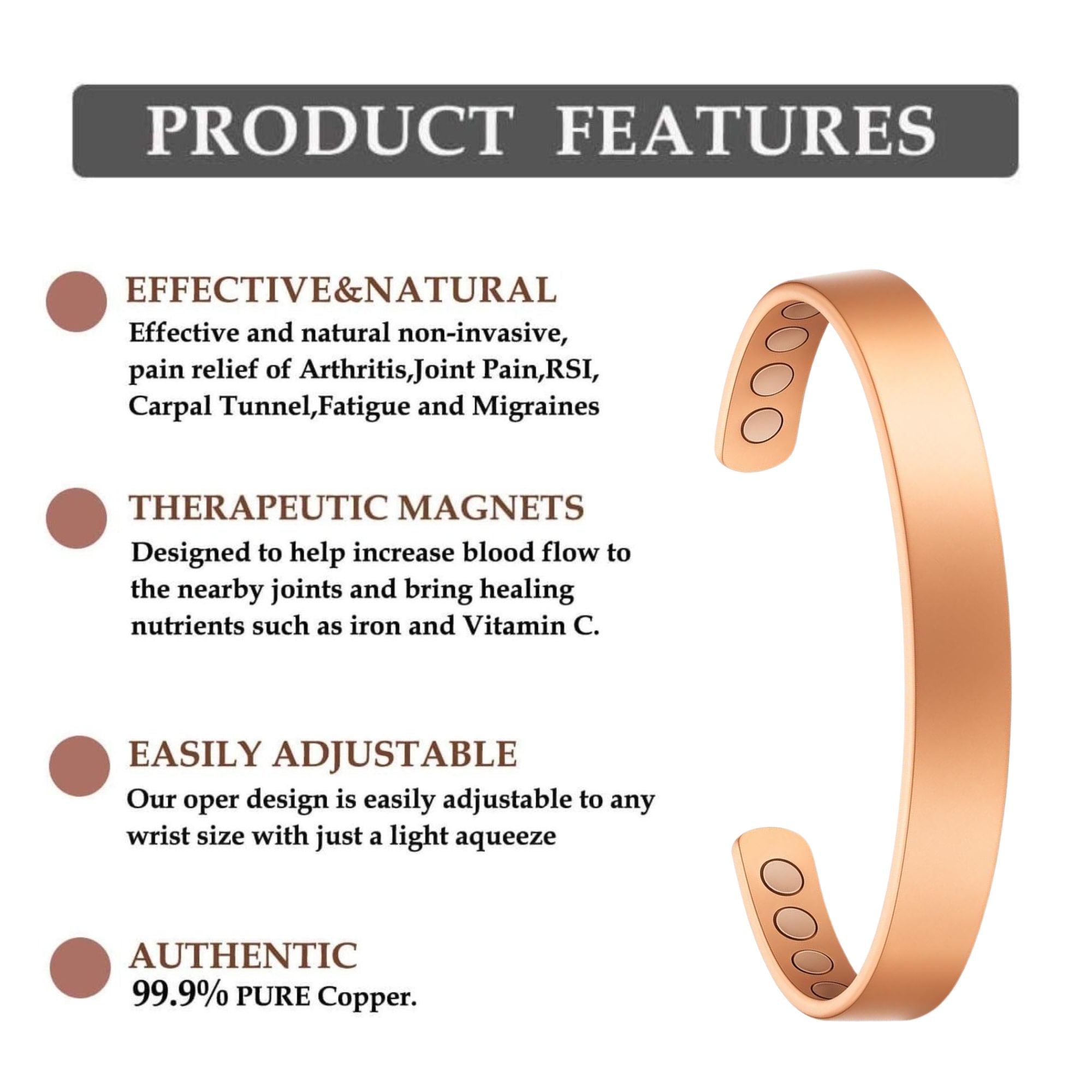 Copper Magnetic Therapy Bracelet - Durable Copper Healing Energy Band - Strength