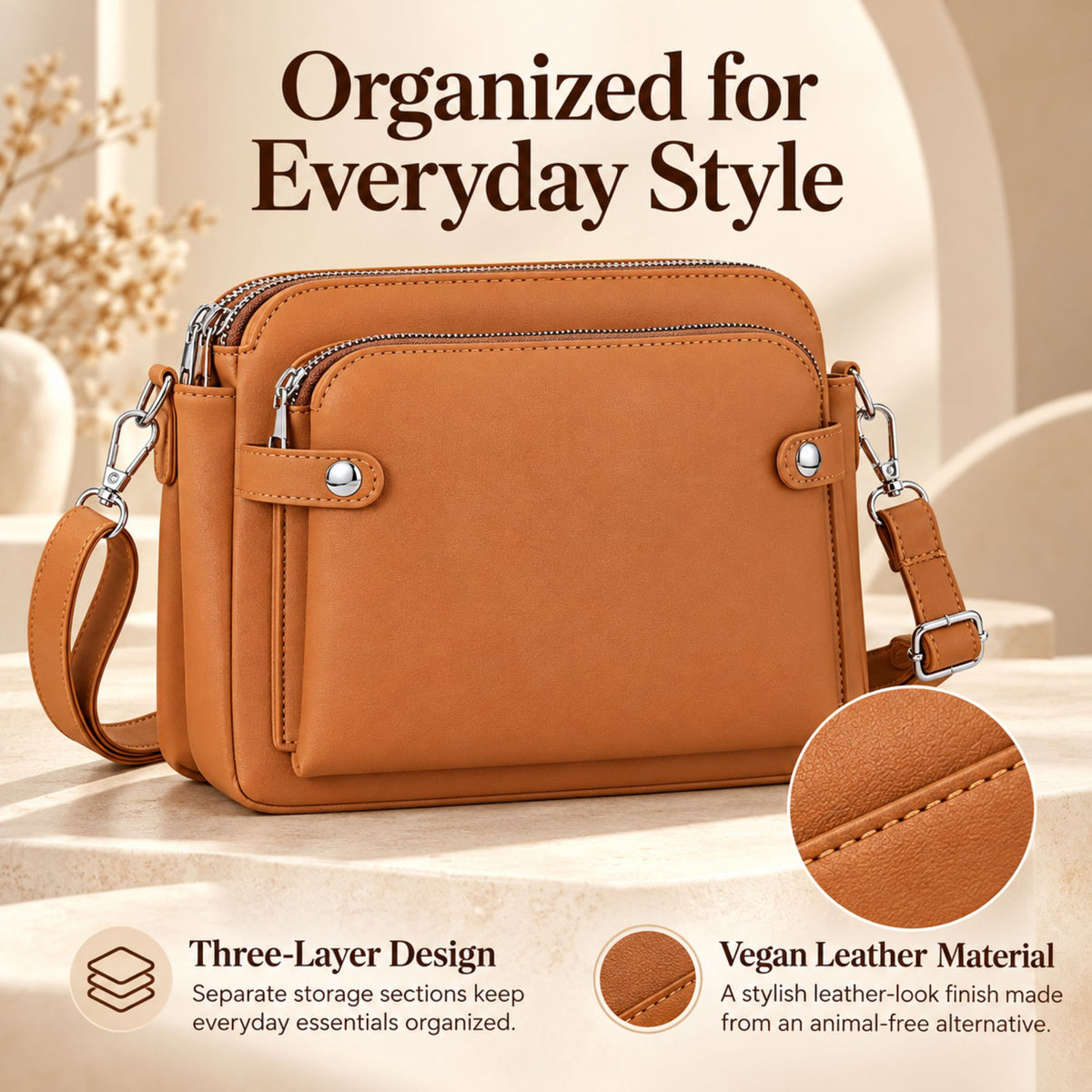 Ciana Women’s Three-Layer Clutch Crossbody Bag, Vegan Leather, Adjustable Strap, Secure Zipper Closure, Lightweight and Compact for Everyday Use