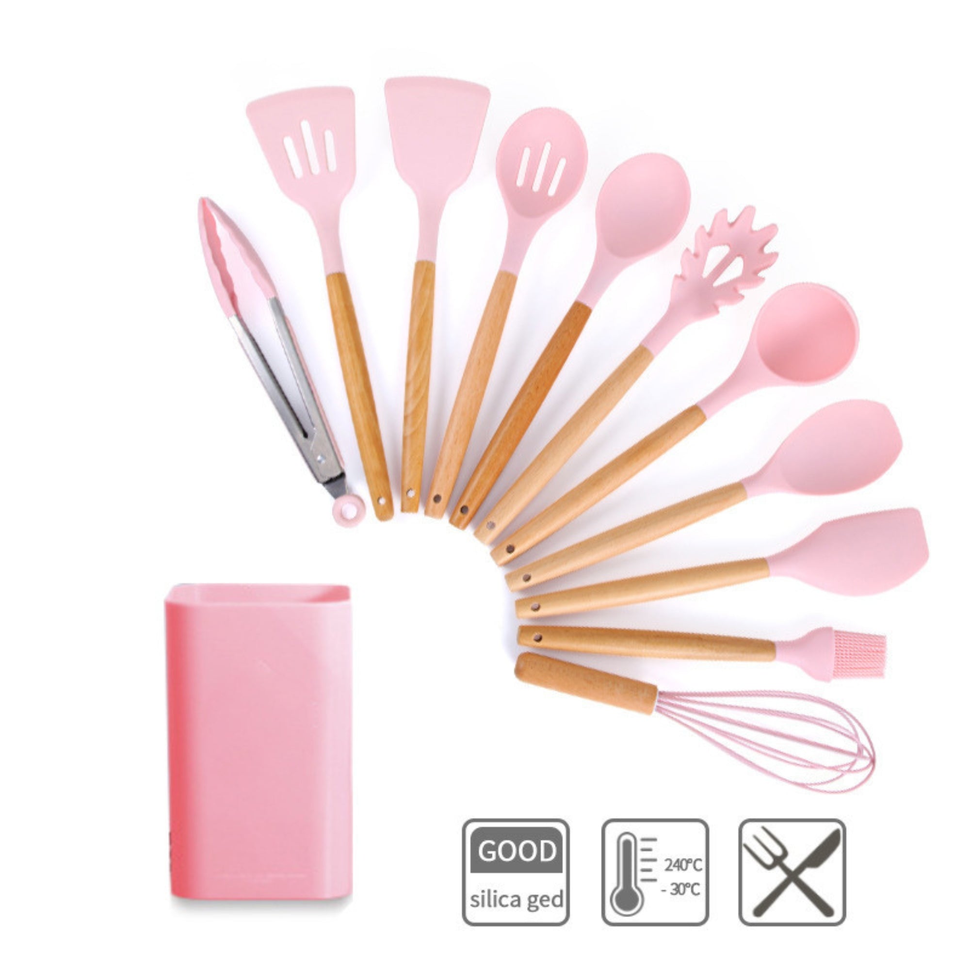 12-Piece Non-Stick Silicone Kitchen Utensil Set with Wooden Handles