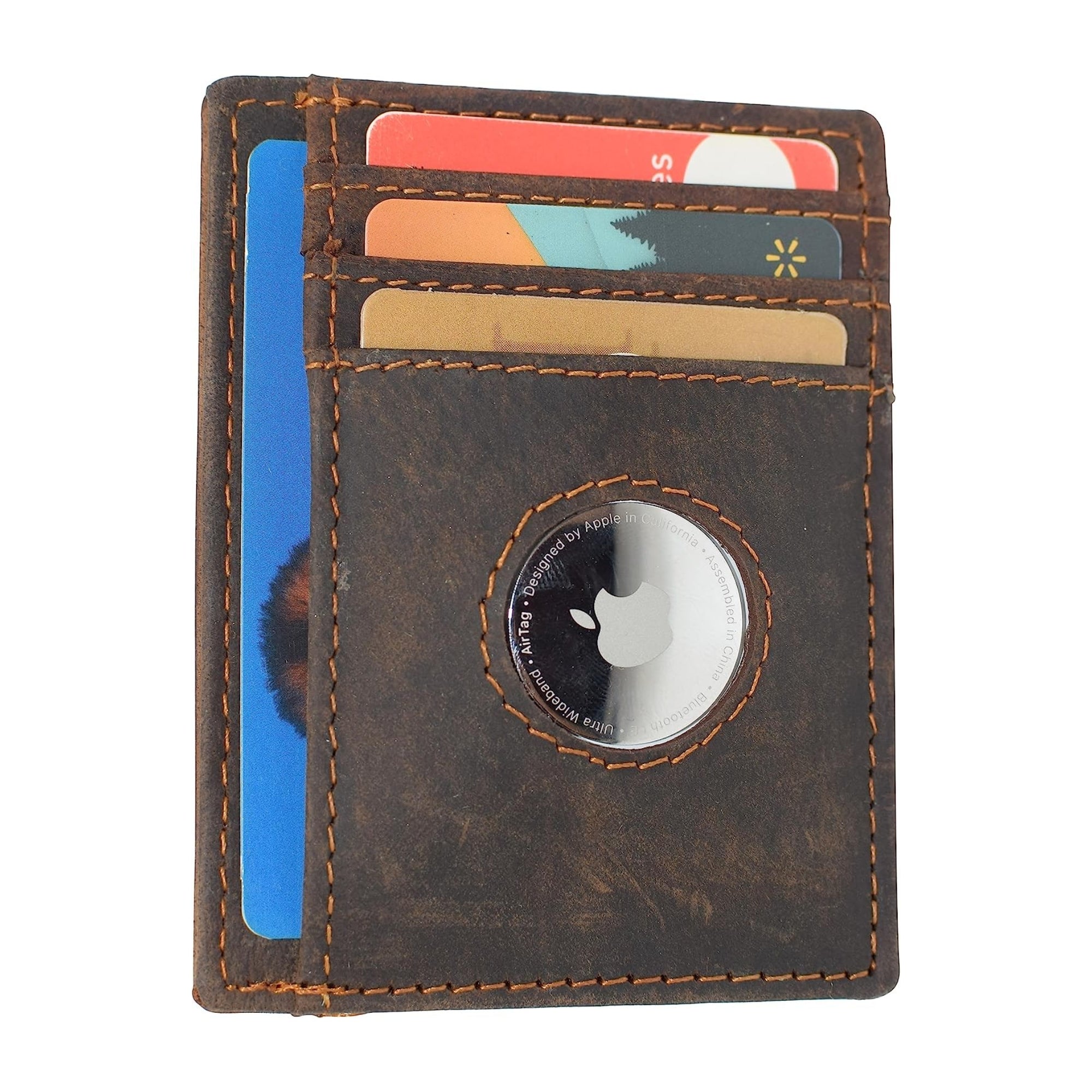Vintage Leather RFID Slim Minimalist Wallet with AirTag Holder