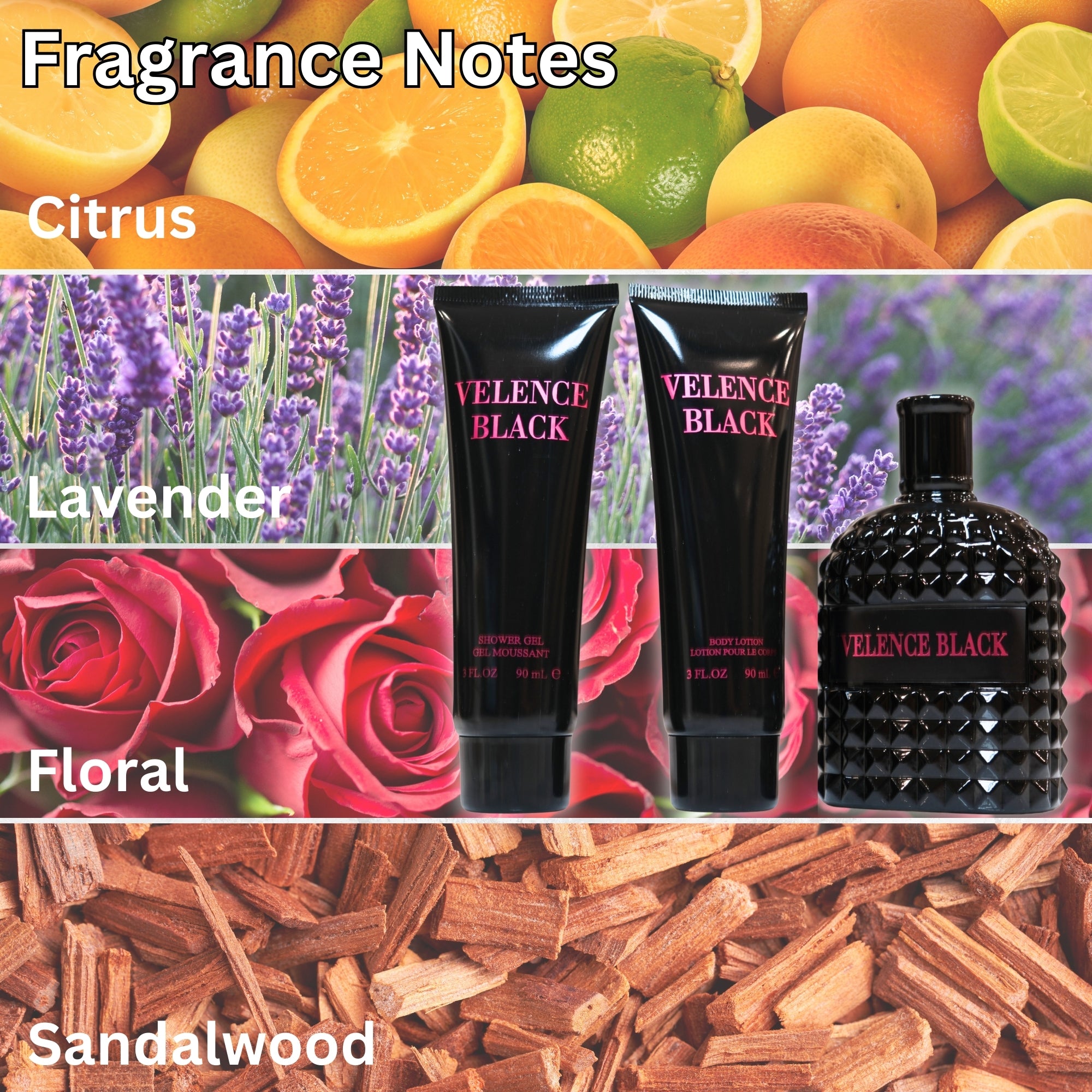 Velence Black Shower Gel (3FL.OZ), Body Lotion(3FL.OZ), and Perfume Set – Fragrance Gift Set for Women