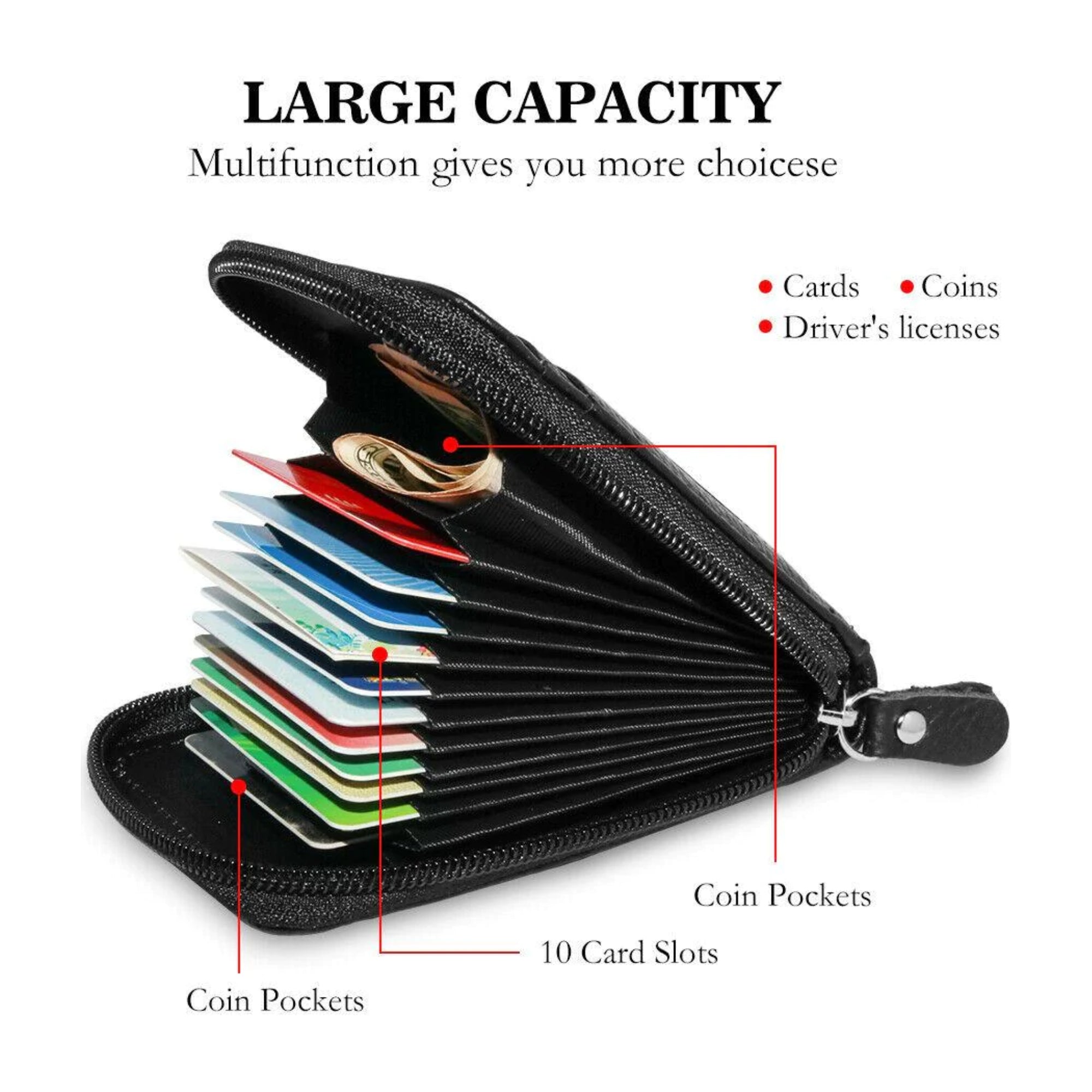 Women's Genuine Leather RFID Accordion Credit Card Holder with Zipper