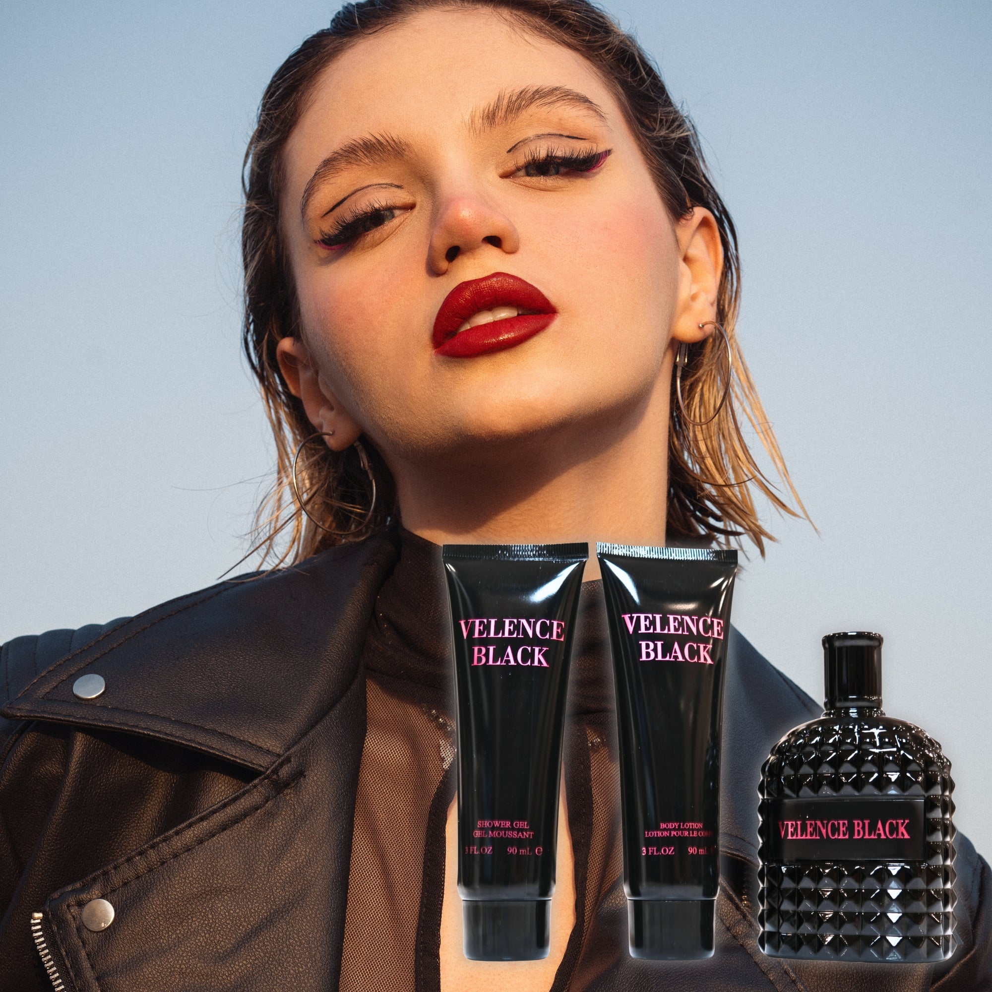 Velence Black Shower Gel (3FL.OZ), Body Lotion(3FL.OZ), and Perfume Set – Fragrance Gift Set for Women