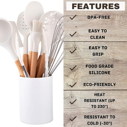 12-Piece Non-Stick Silicone Kitchen Utensil Set with Wooden Handles