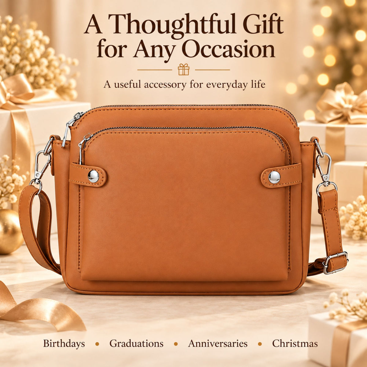 Ciana Women’s Three-Layer Clutch Crossbody Bag, Vegan Leather, Adjustable Strap, Secure Zipper Closure, Lightweight and Compact for Everyday Use