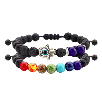 Set of 2: Lava Stone Chakra and Evil Eye Bracelet with Optional Essential Oils