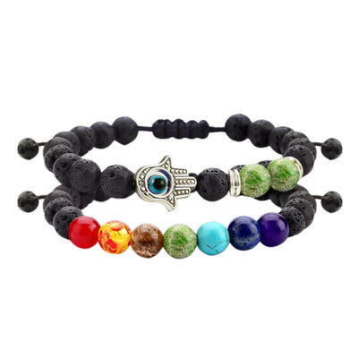 Set of 2: Lava Stone Chakra and Evil Eye Bracelet with Optional Essential Oils