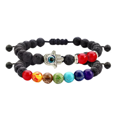 Set of 2: Lava Stone Chakra and Evil Eye Bracelet with Optional Essential Oils