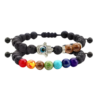 Set of 2: Lava Stone Chakra and Evil Eye Bracelet with Optional Essential Oils