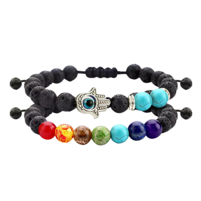 Set of 2: Lava Stone Chakra and Evil Eye Bracelet with Optional Essential Oils