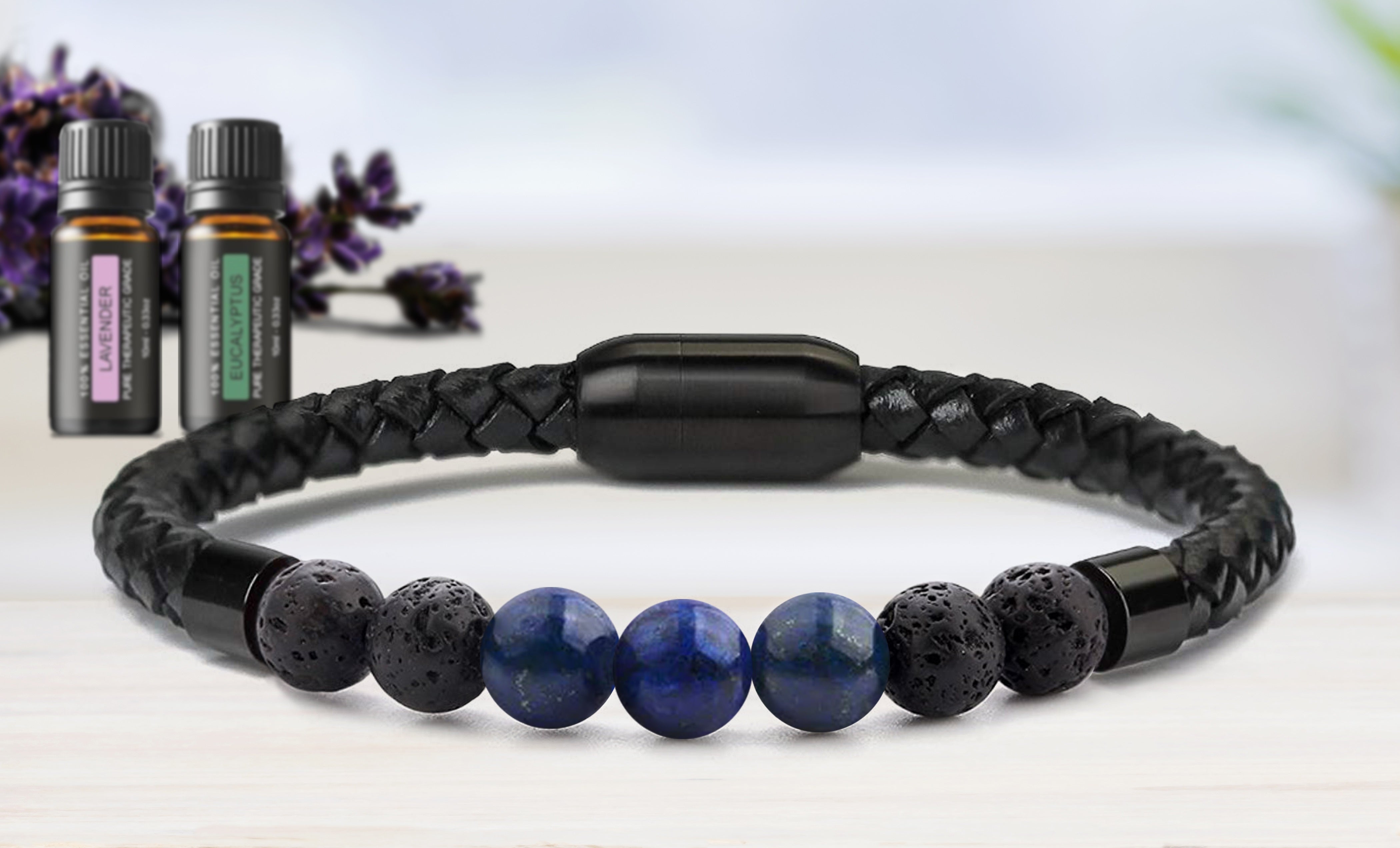 Men's Natural Healing Stone Leather Bracelet with Magnetic Closure