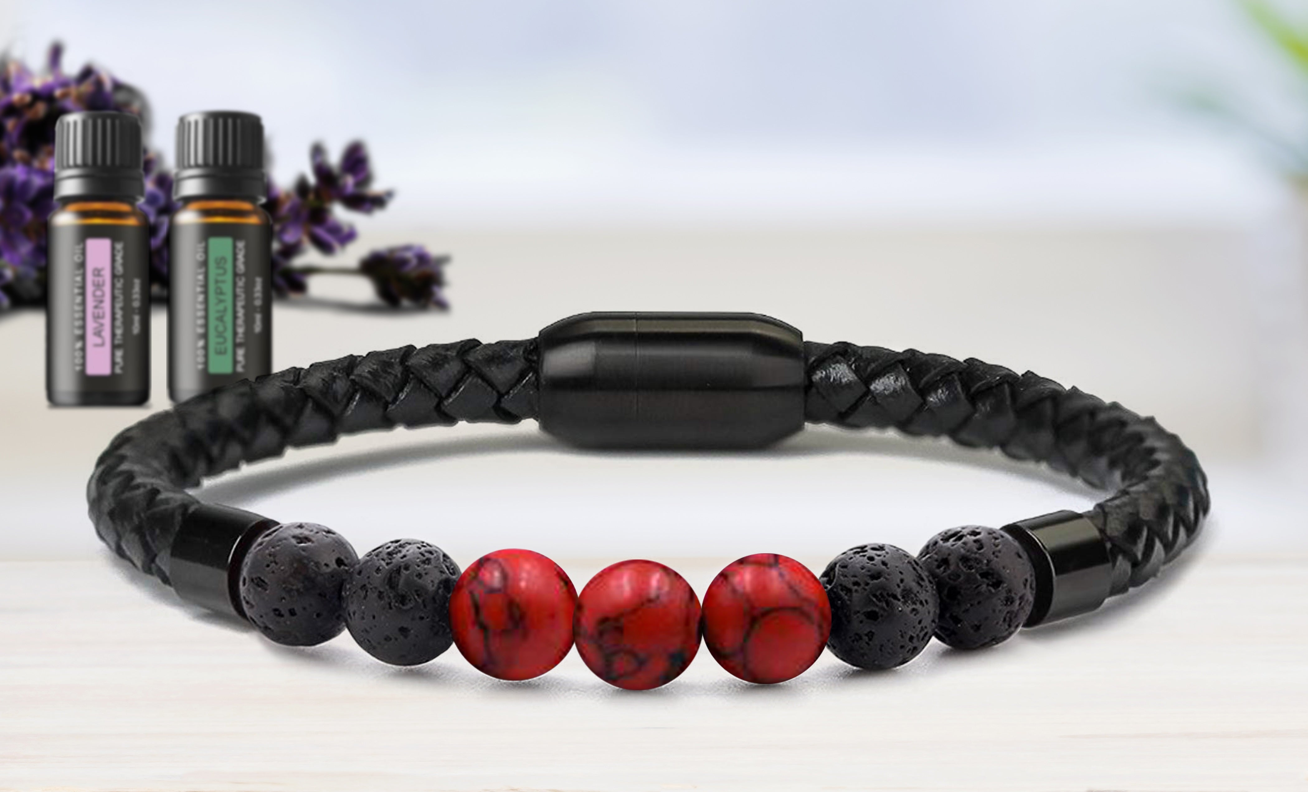 Men's Natural Healing Stone Leather Bracelet with Magnetic Closure