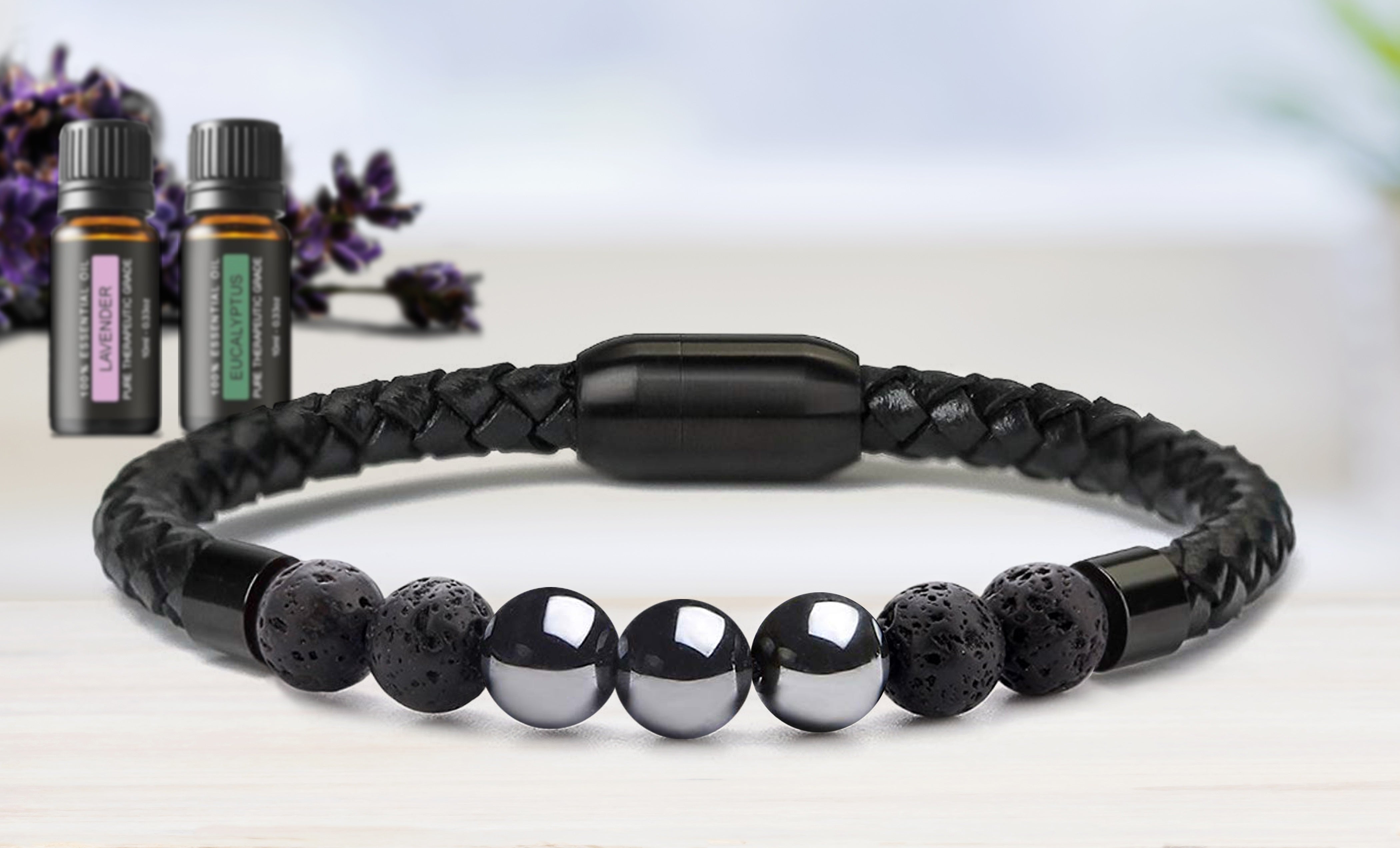 Men's Natural Healing Stone Leather Bracelet with Magnetic Closure