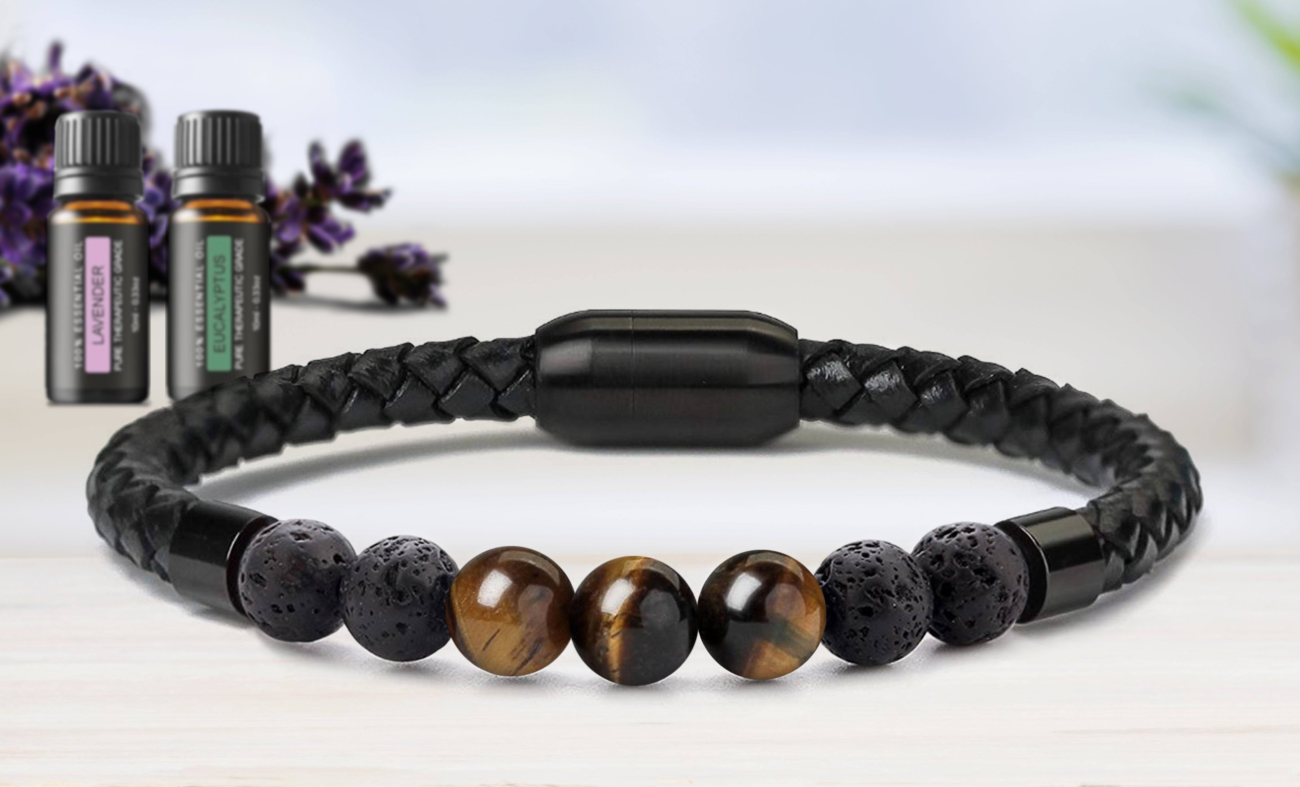 Men's Natural Healing Stone Leather Bracelet with Magnetic Closure