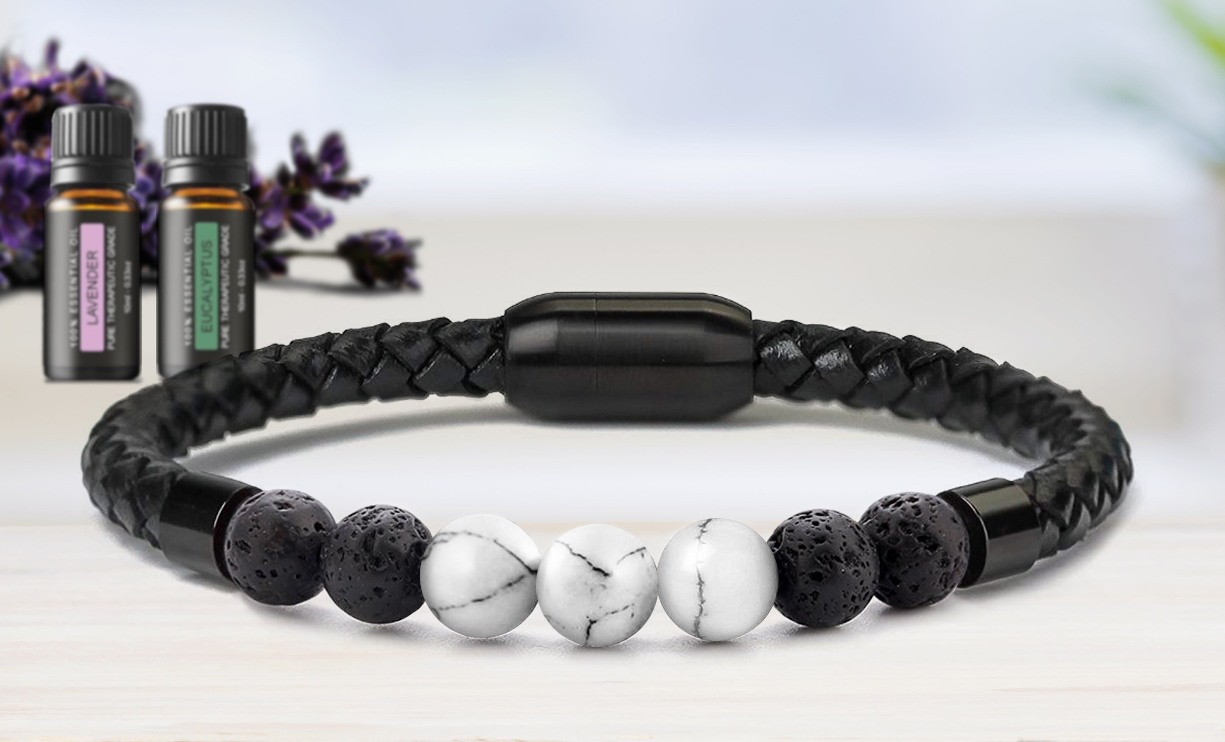 Men's Natural Healing Stone Leather Bracelet with Magnetic Closure