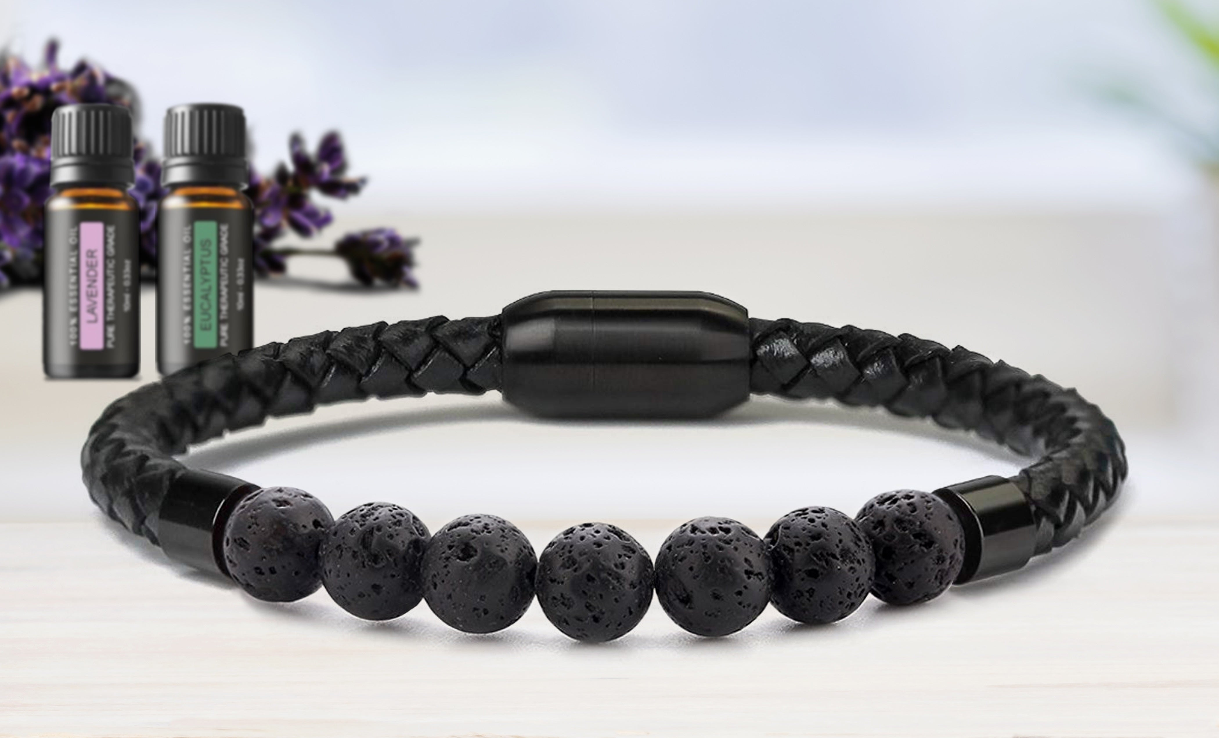 Men's Natural Healing Stone Leather Bracelet with Magnetic Closure